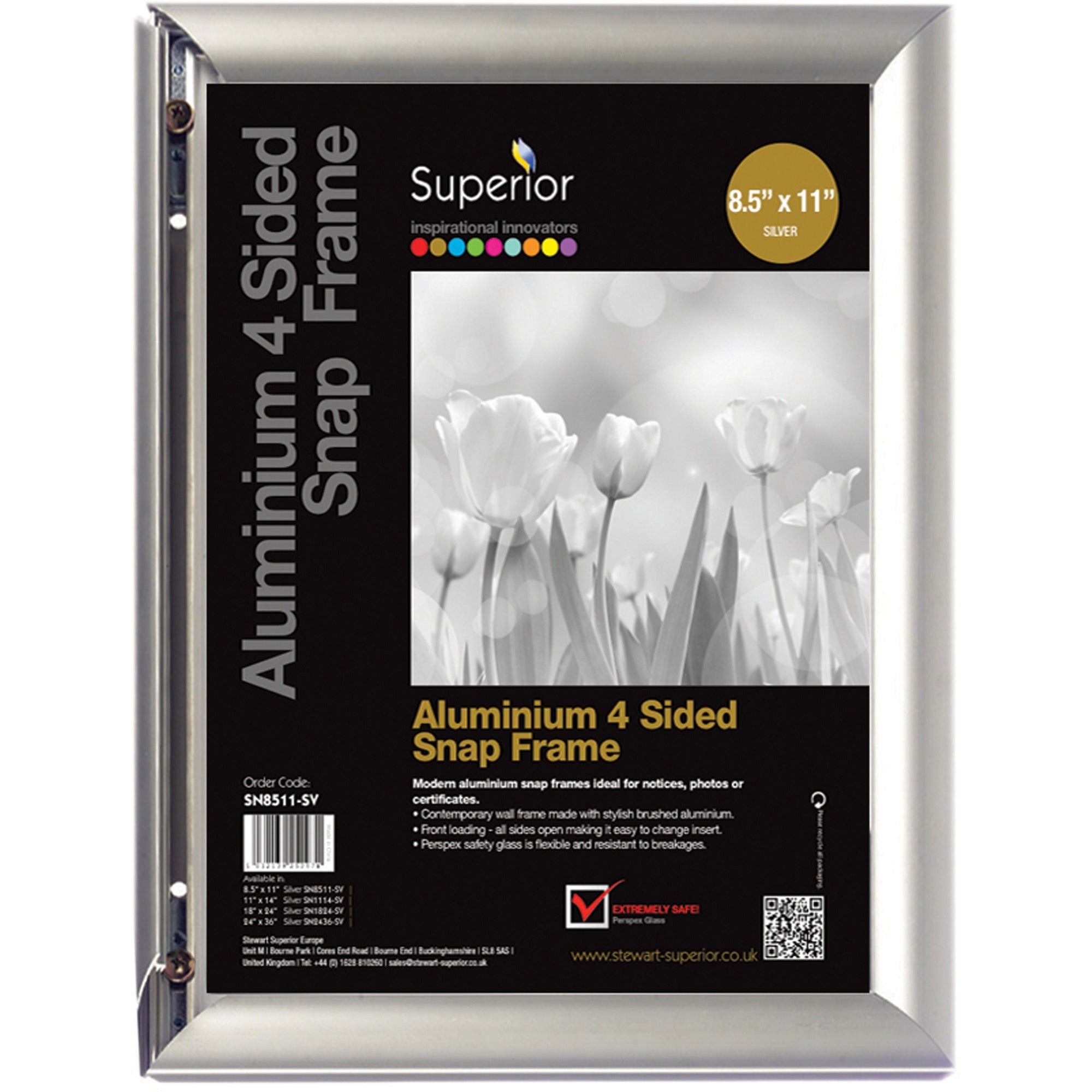 Seco Classic Snap Frame, 8.50" x 11", Rectangle, Black/Silver, Aluminum, 1 Each