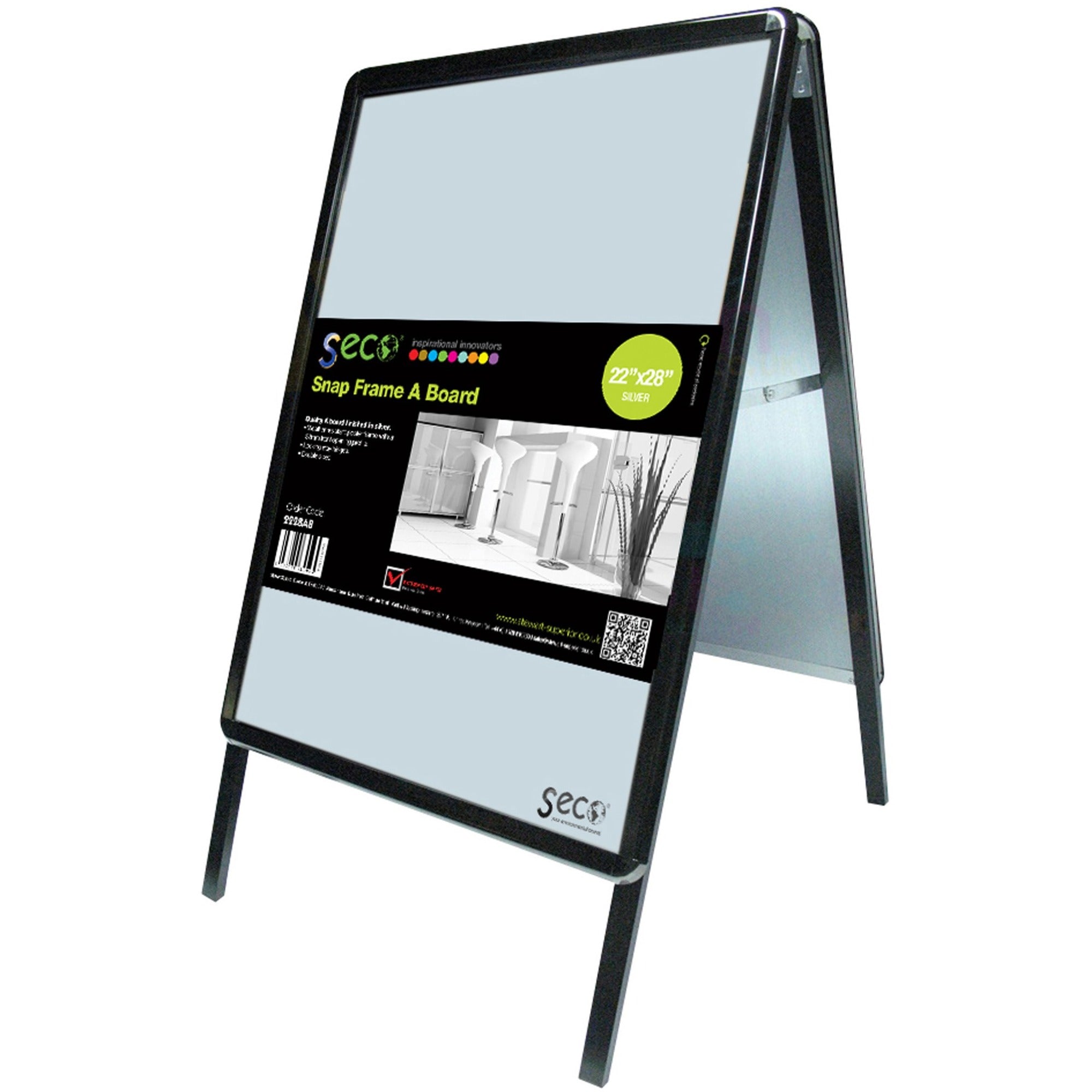 Seco Snap Frame A-board Sidewalk Sign, 28" x 22", Rectangular, Double Sided, Flexible, Strong, Anti-glare, Galvanized Steel & PVC, 1 Each