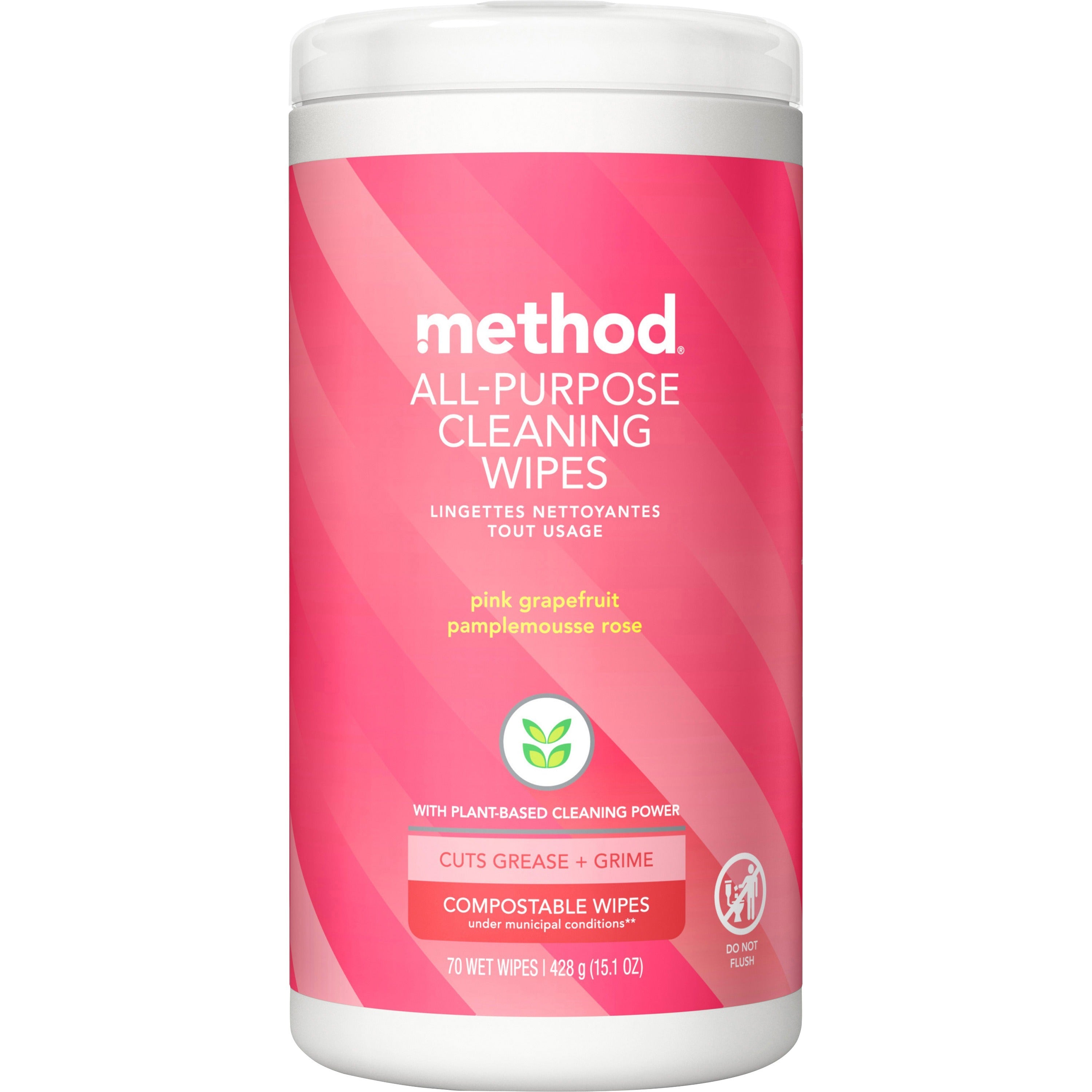 Method All-purpose Cleaning Wipes - Pink Grapefruit Scent - Pleasant Scent - Pink - 70/Tub - 6 / Carton