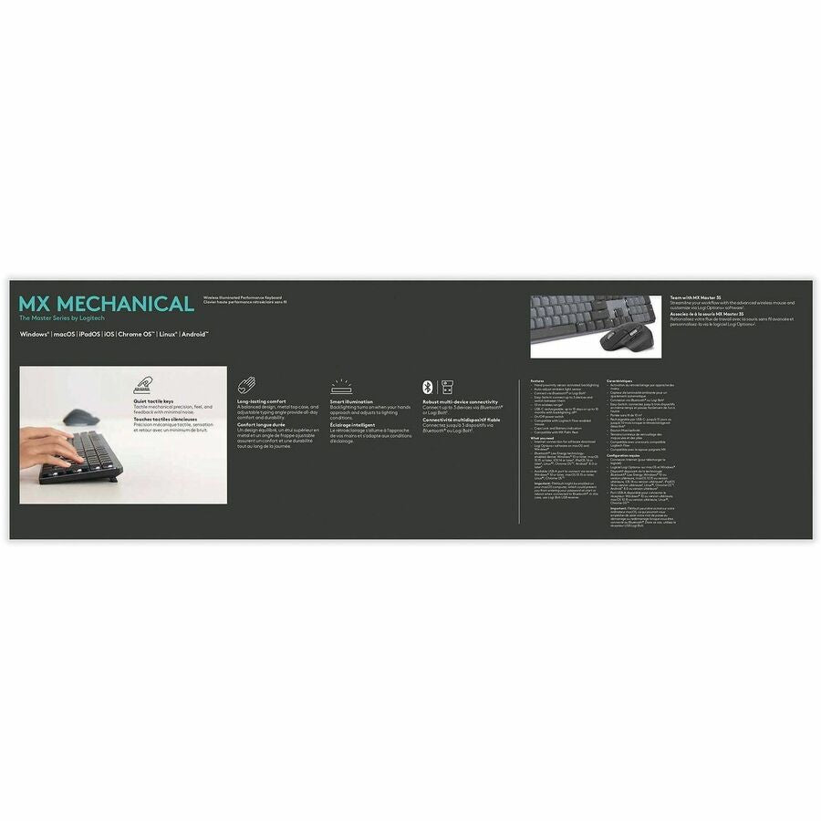 Wireless Connectivity - Bluetooth - 33 ft - USB Interface - Windows 10, Windows 11, macOS 10.15, iOS 14, iPadOS 14, Linux, ChromeOS, Android 8.0 - PC, Mac - Mechanical Keyswitch - Proprietary Battery Size Battery Size Supported - Graphite
