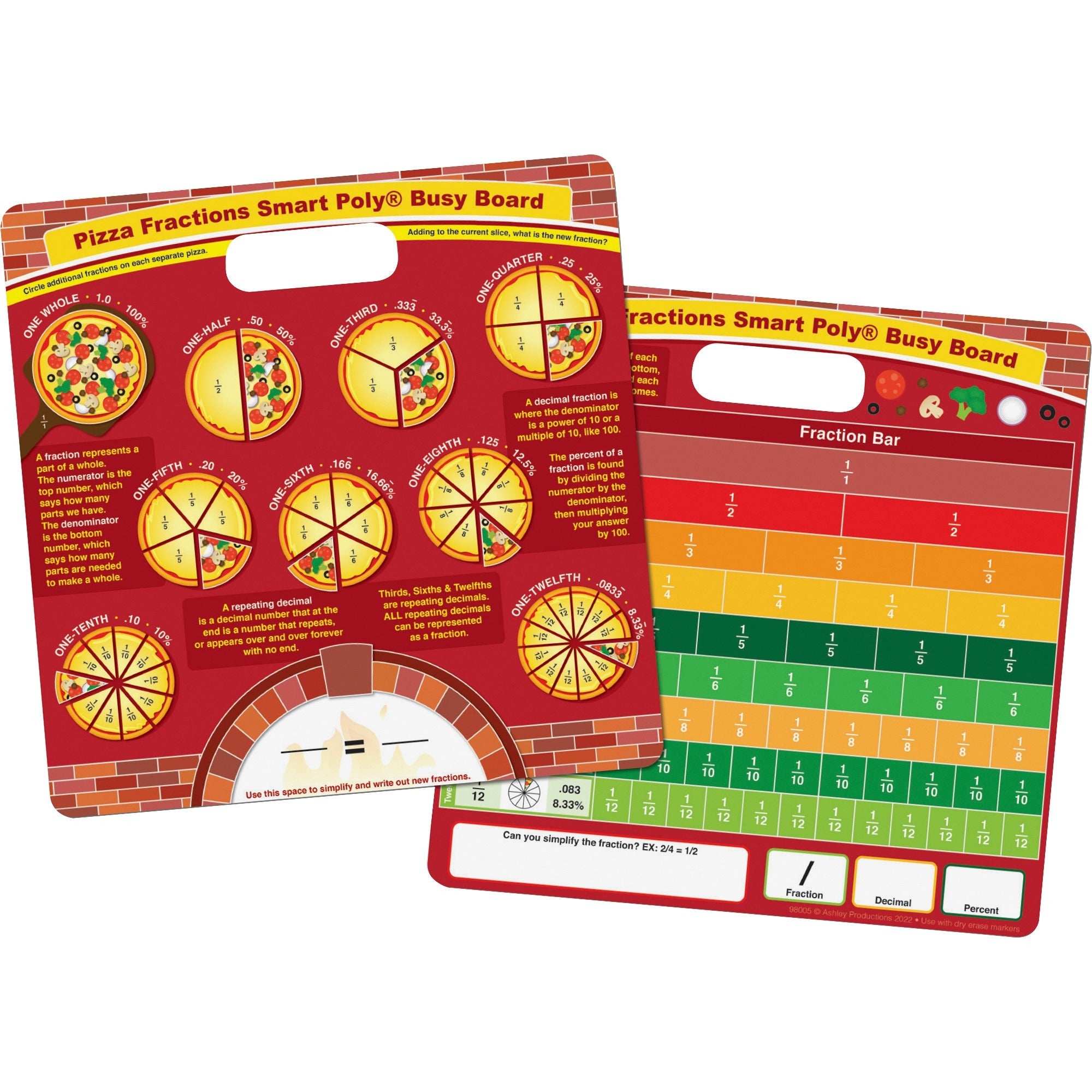 Smart Poly® Educational Activity Busy Board, Dry Erase with Marker, 10-3/4" x 10-3/4", Pizza Fractions