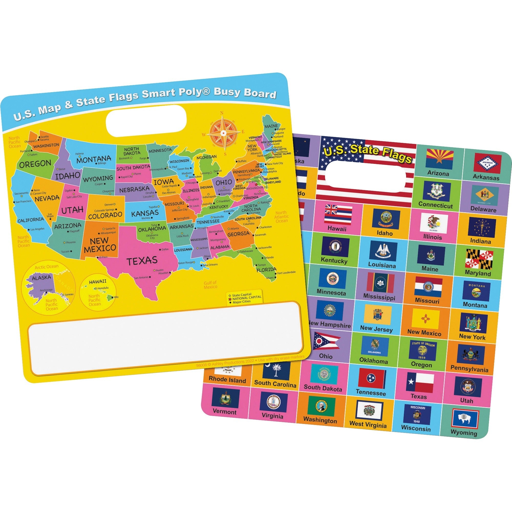 Smart Poly® Educational Activity Busy Board, Dry Erase with Marker, 10-3/4" x 10-3/4", US Map/ State Flags