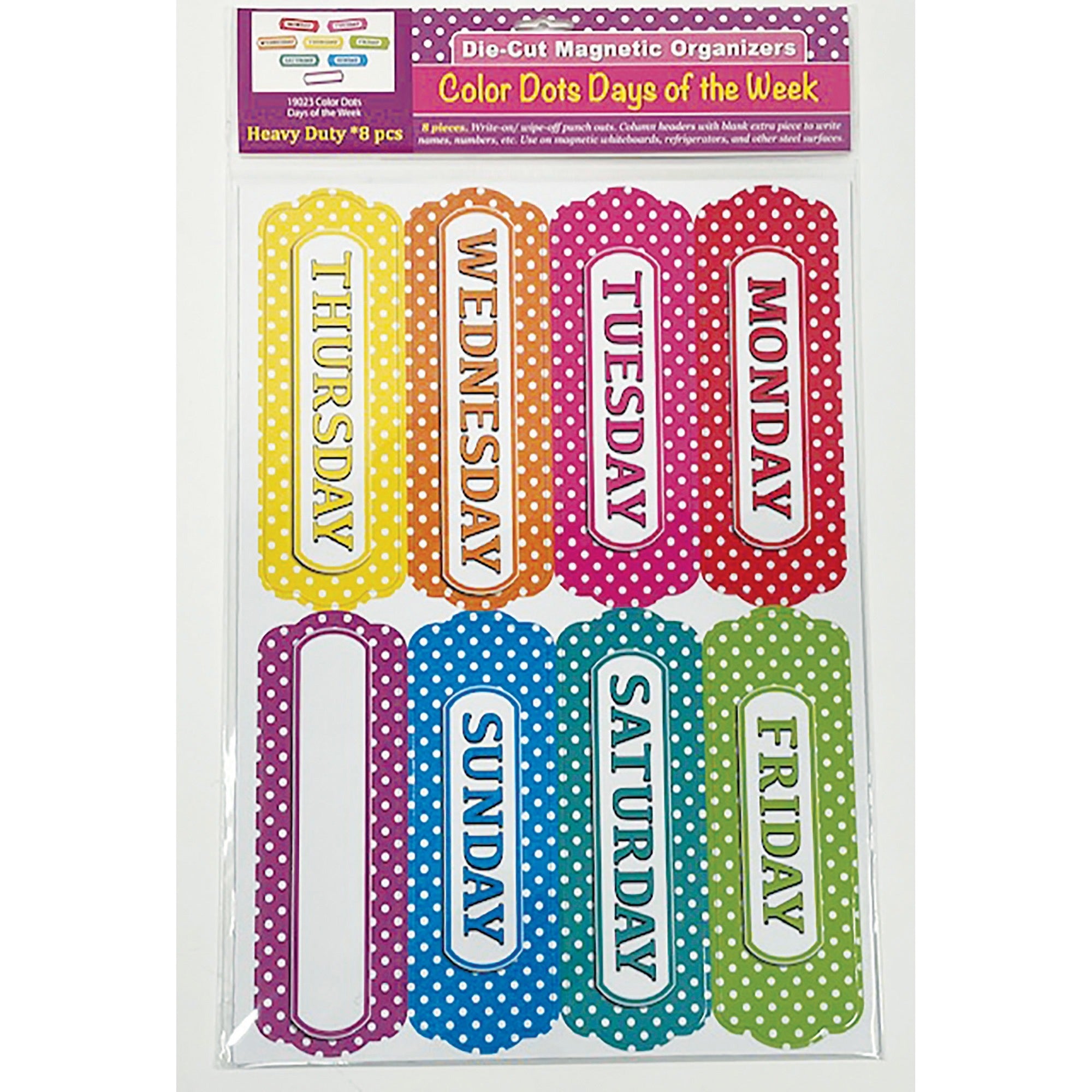 Magnetic Die-Cut Timesavers & Labels, Days of the Week, White Polka Dots On Assorted Colors, 8 Pieces