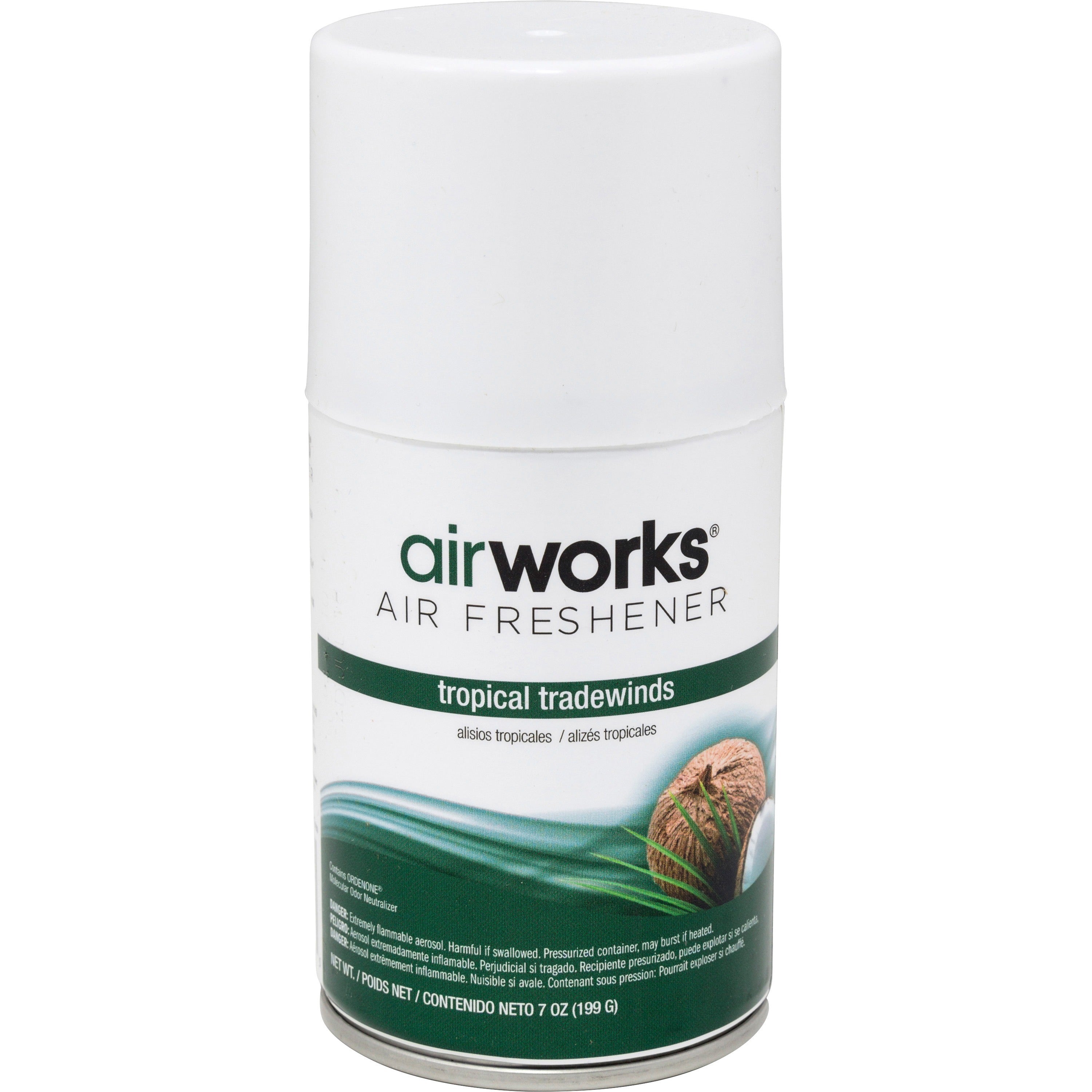 AirWorks Metered Aerosol Air Fresheners - Spray - 6000 ft³ - 7 fl oz (0.2 quart) - Tropical Tradewind - Wall Mountable - 12 / Carton