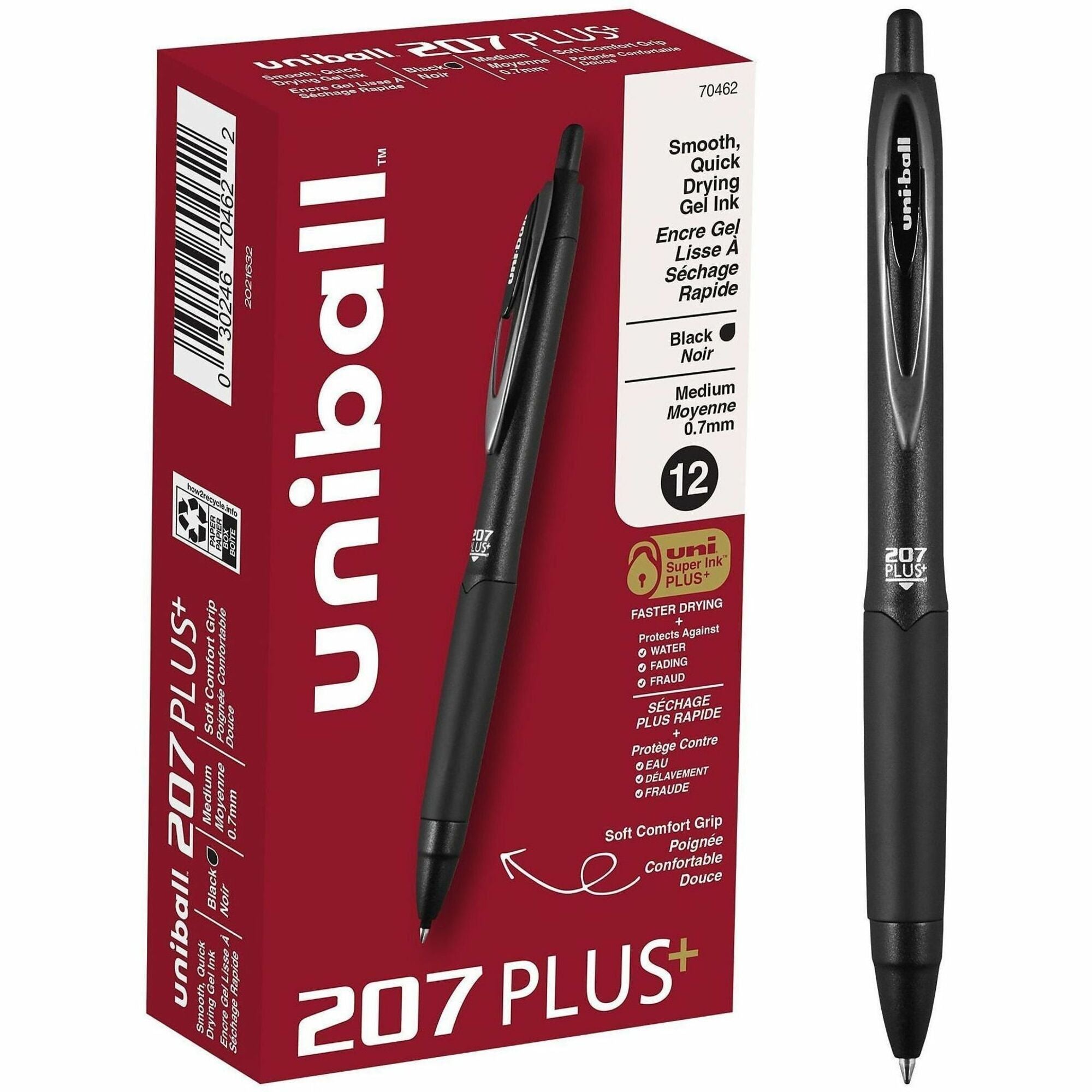 uniball™ 207 Plus+ Gel Pen - 0.7 mm Medium Pen Point - Retractable - Black Ink - Gel-based, Nanofiber Ink - Black Metal Barrel - 1 Dozen