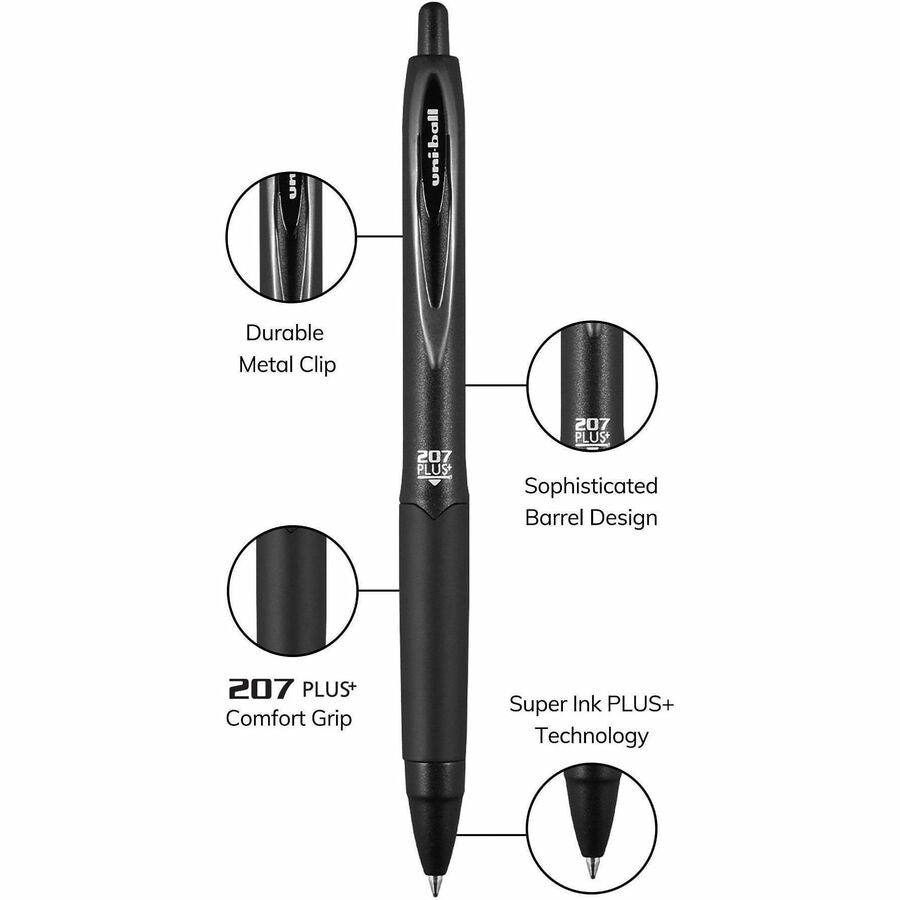 uniball™ 207 Plus+ Gel Pen - 0.7 mm Medium Pen Point - Retractable - Black Ink - Gel-based, Nanofiber Ink - Black Metal Barrel - 1 Dozen