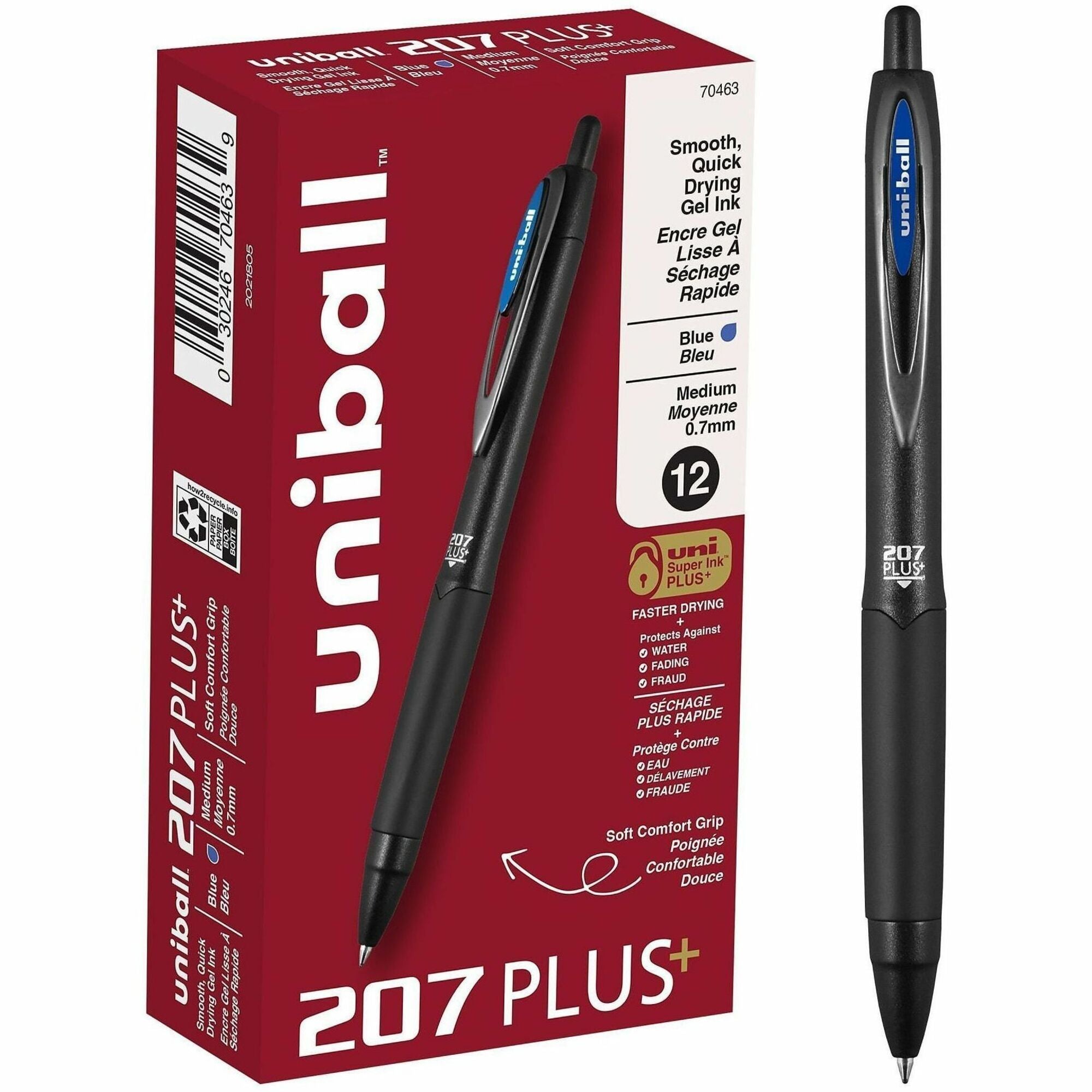 uniball™ 207 Plus+ Gel Pen - 0.7 mm Medium Conical Pen Point - Refillable - Retractable - Blue Ink - Gel-based, Nanofiber Ink - Black Metal Barrel - 1 Dozen