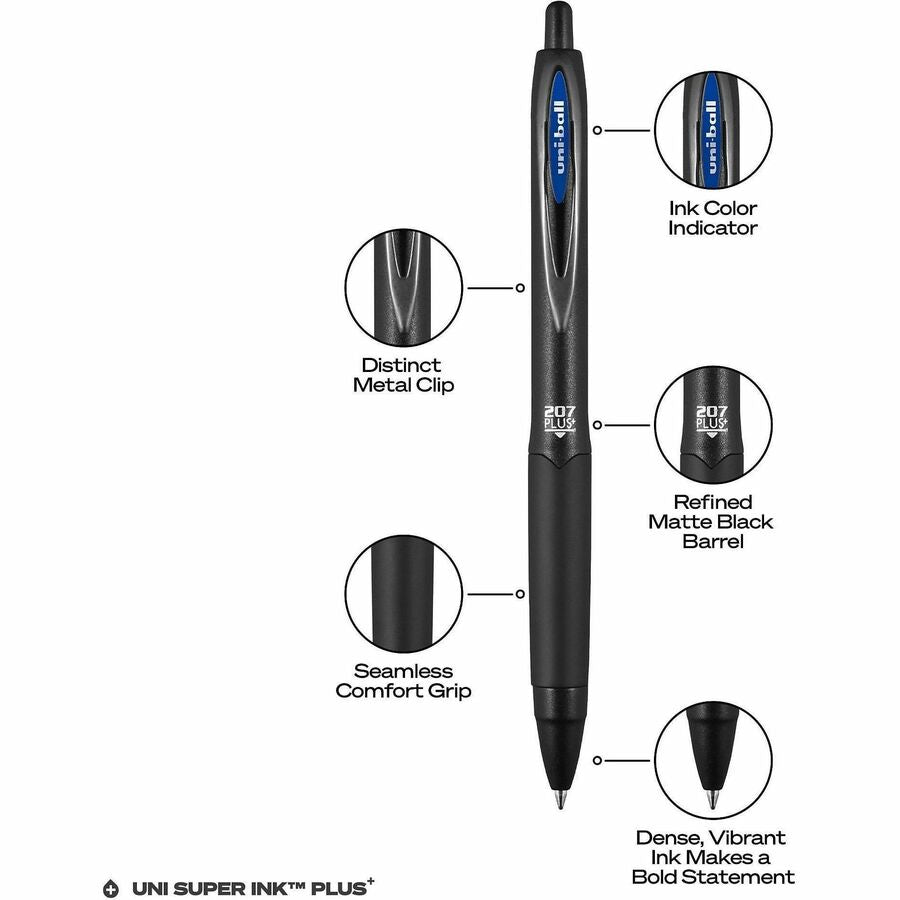 uniball™ 207 Plus+ Gel Pen - 0.7 mm Medium Conical Pen Point - Refillable - Retractable - Blue Ink - Gel-based, Nanofiber Ink - Black Metal Barrel - 1 Dozen