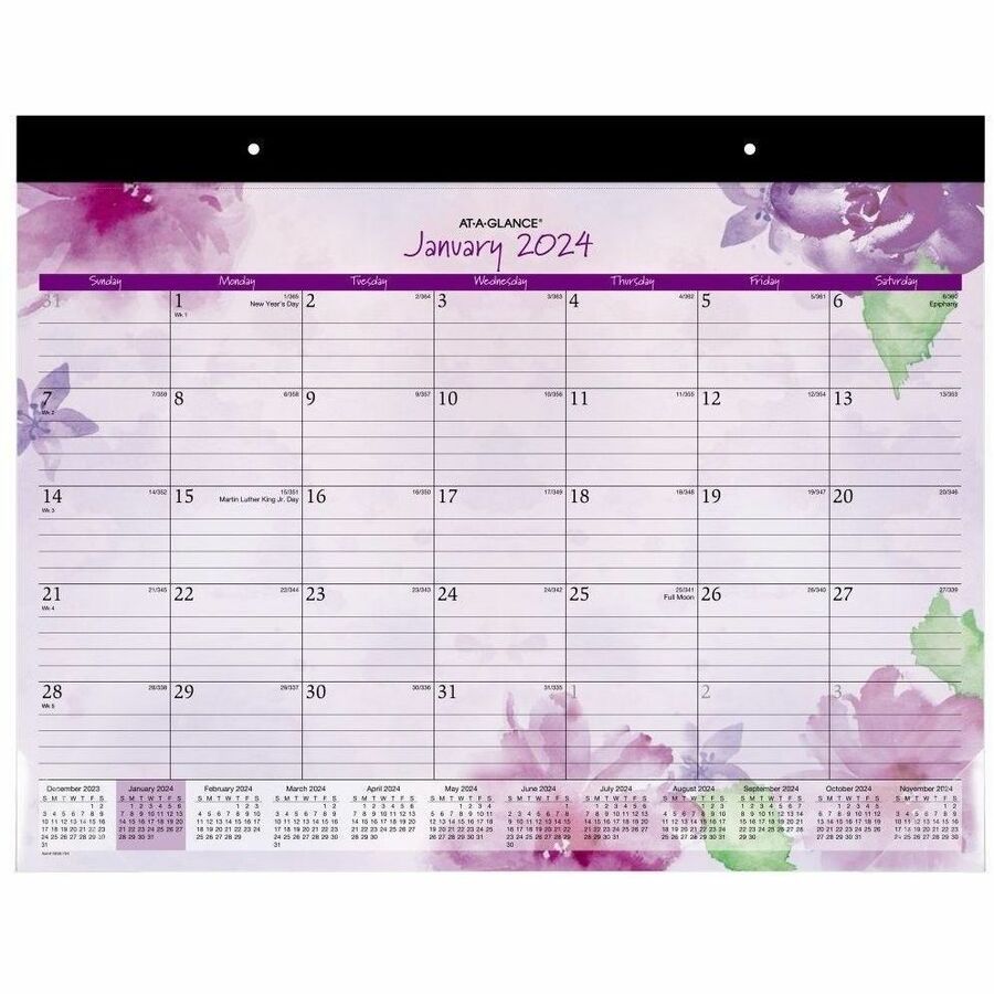Standard - Julian Dates - Monthly - 12 Month - January 2026 to December 2026 - 1 Month Single Page Layout - 21 3/4" x 17" Sheet Size - White Sheet - 2 x Holes - Headband - Desk Pad - Green, Purple - Paper - Ruled Daily Block, Perforated Sheet - 1 Pack