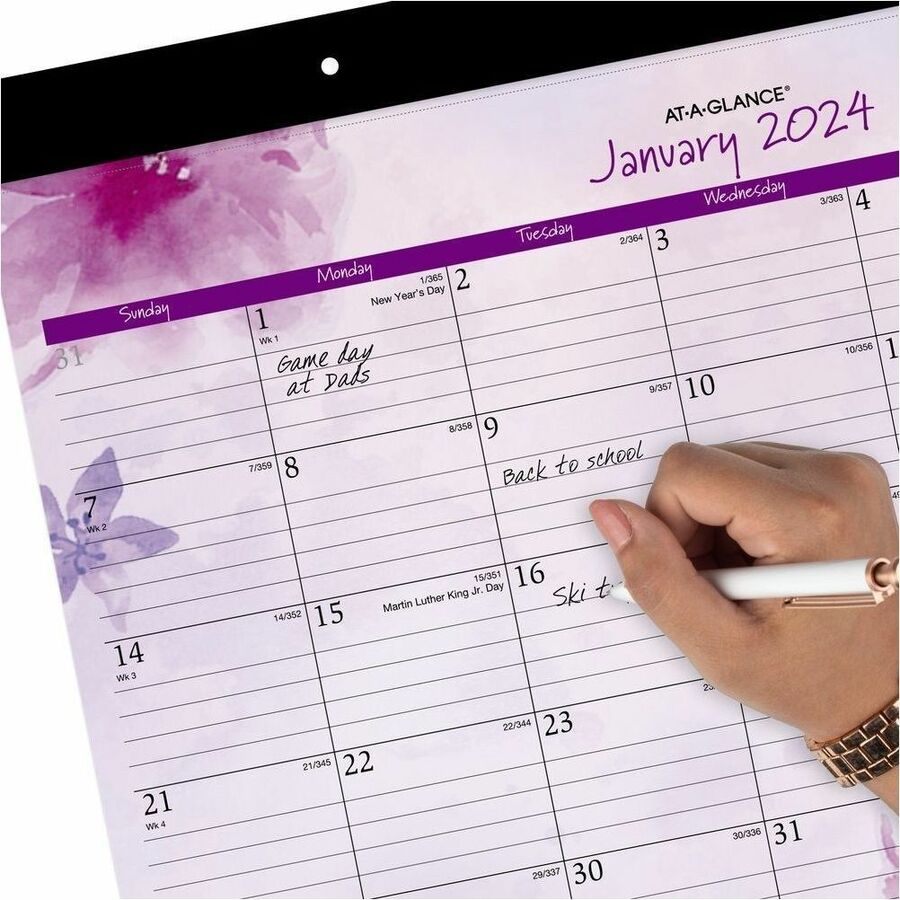 Standard - Julian Dates - Monthly - 12 Month - January 2026 to December 2026 - 1 Month Single Page Layout - 21 3/4" x 17" Sheet Size - White Sheet - 2 x Holes - Headband - Desk Pad - Green, Purple - Paper - Ruled Daily Block, Perforated Sheet - 1 Pack