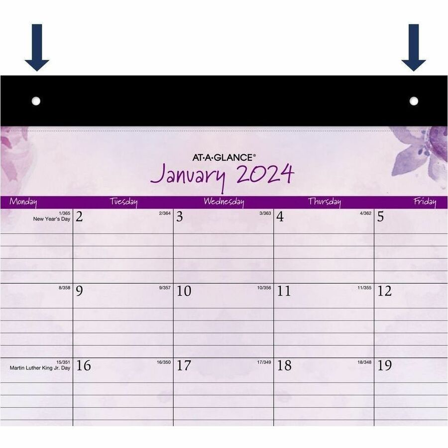 Standard - Julian Dates - Monthly - 12 Month - January 2026 to December 2026 - 1 Month Single Page Layout - 21 3/4" x 17" Sheet Size - White Sheet - 2 x Holes - Headband - Desk Pad - Green, Purple - Paper - Ruled Daily Block, Perforated Sheet - 1 Pack