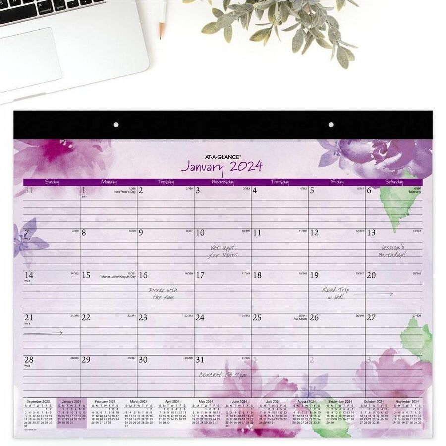 Standard - Julian Dates - Monthly - 12 Month - January 2026 to December 2026 - 1 Month Single Page Layout - 21 3/4" x 17" Sheet Size - White Sheet - 2 x Holes - Headband - Desk Pad - Green, Purple - Paper - Ruled Daily Block, Perforated Sheet - 1 Pack