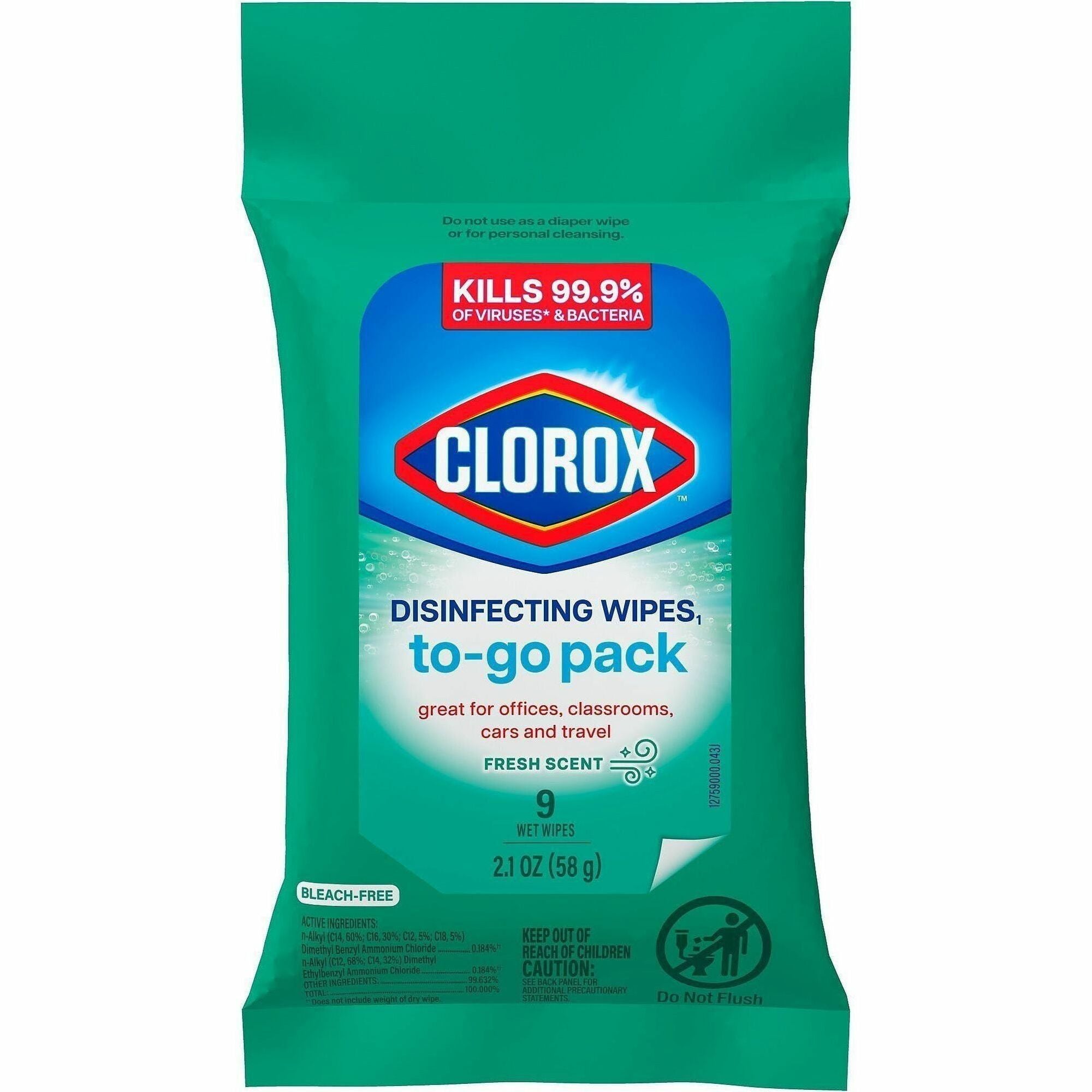 Clorox Bleach-Free Disinfecting WipesTo-Go Pack - Fresh Scent - Bleach-free, Disinfectant, Antibacterial, Disposable - White - 9 Pack - 1 Each