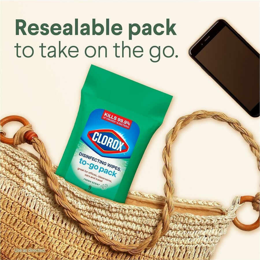 Clorox Bleach-Free Disinfecting WipesTo-Go Pack - Fresh Scent - Bleach-free, Disinfectant, Antibacterial, Disposable - White - 9 Pack - 1 Each