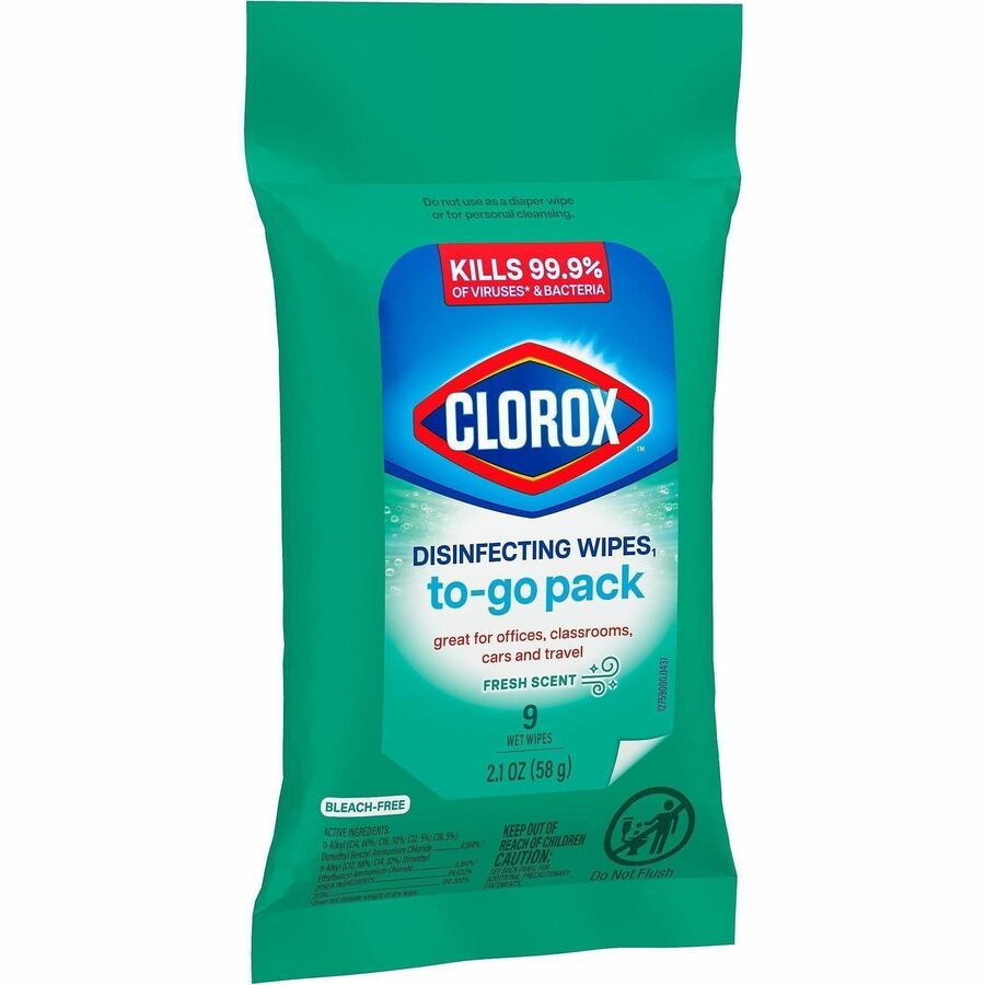 Clorox Bleach-Free Disinfecting WipesTo-Go Pack - Fresh Scent - Bleach-free, Disinfectant, Antibacterial, Disposable - White - 9 Pack - 1 Each