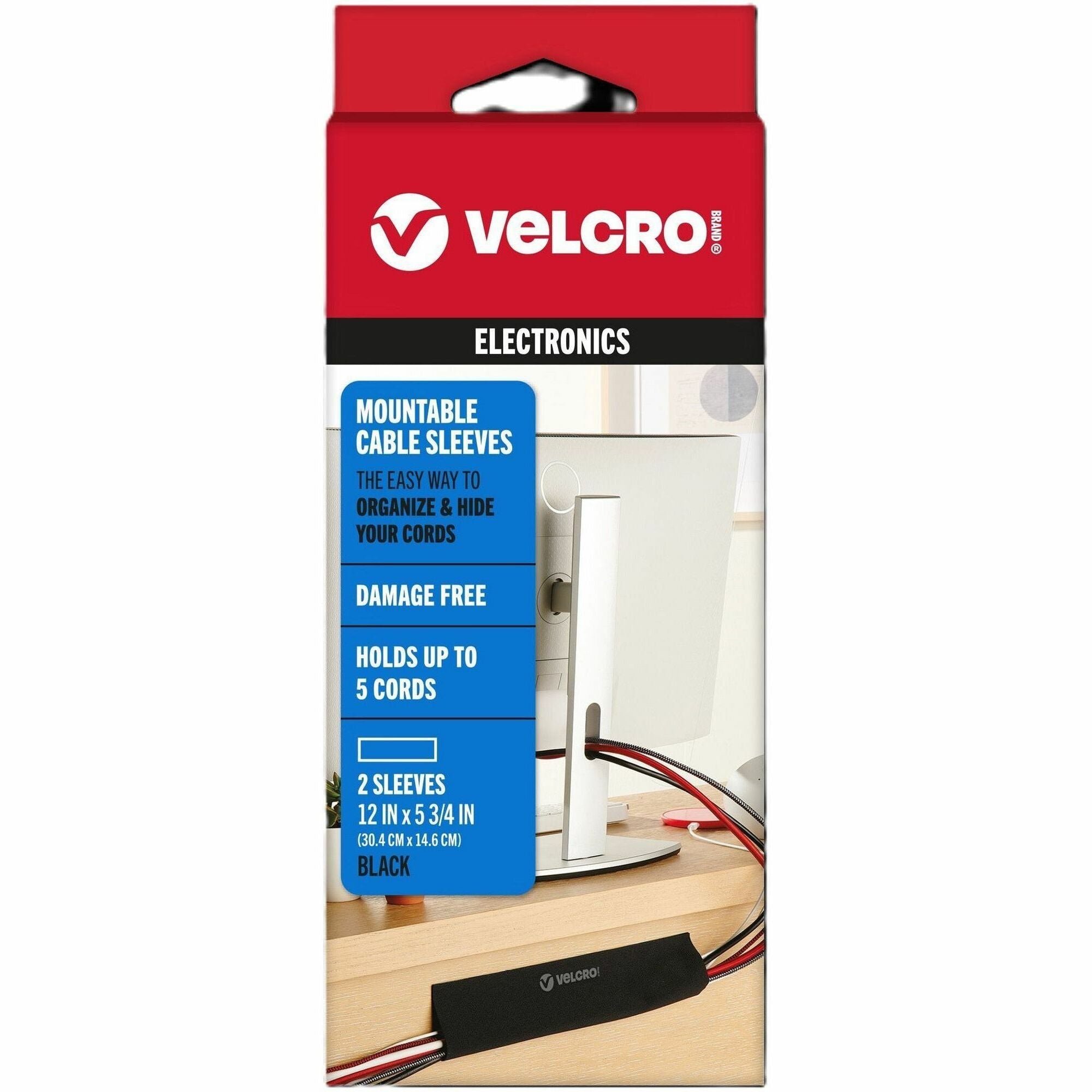 VELCRO&reg; Mountable Cable Sleeves - Cable Sleeve - Black - 12" Length - 2 / Pack