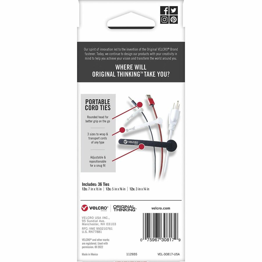 VELCRO&reg; Portable Cord Ties - Cable Tie - Multi - 36 / Pack