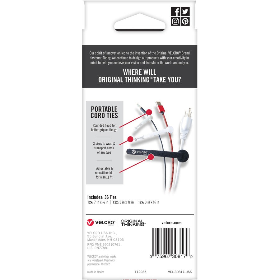 VELCRO&reg; Portable Cord Ties - Cable Tie - Multi - 36 / Pack