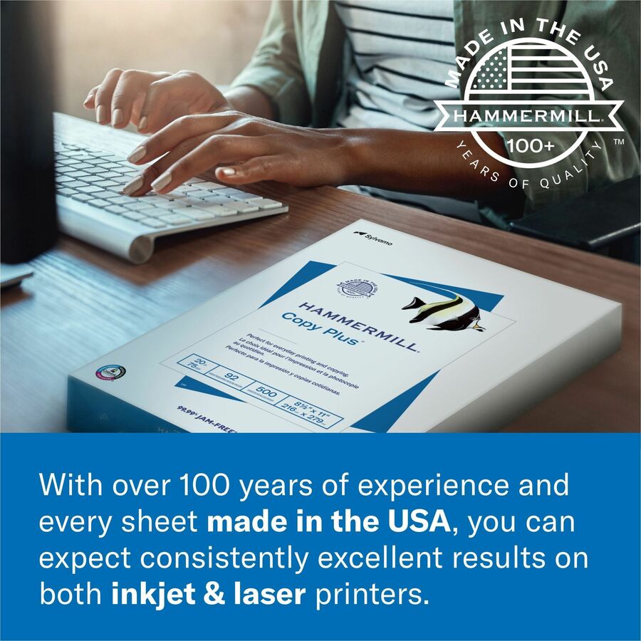 Hammermill Copy Plus Paper - White - 92 Brightness - Legal - 8 1/2" x 14" - 20 lb Basis Weight - Sustainable Forestry Initiative (SFI) - Acid-free, Quick Drying - White - 500 Sheets per Ream - 500 Sheets/Ream - 30 / Pallet
