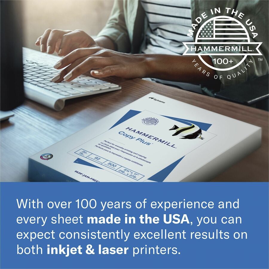 Hammermill Copy Plus Paper - White - 92 Brightness - Ledger/Tabloid - 11" x 17" - 20 lb Basis Weight - Acid-free, Quick Drying - White - 500 Sheets per Ream - 500 Sheets/Ream - 40 / Pallet