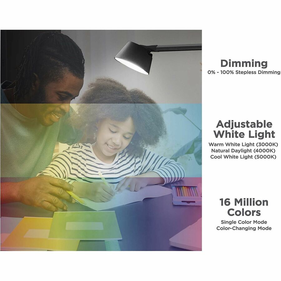 BLACK+DECKER Verve Adjustable LED Desk Lamp - LED Bulb - Adjustable, Dimmable, Adjustable Brightness, Clock, Durable, Swivel Base, Color Changing Mode - Aluminum - Desk Mountable - Black - for Desk - Alexa Supported