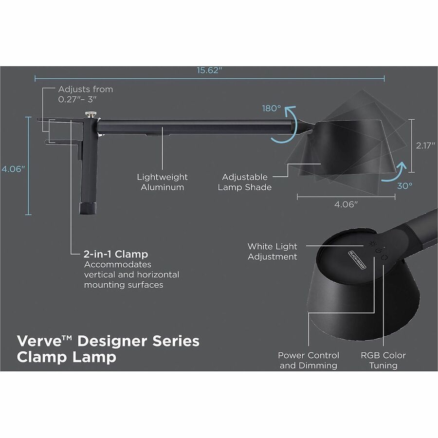 BLACK+DECKER Verve Adjustable LED Desk Lamp - LED Bulb - Adjustable, Dimmable, Adjustable Brightness, Clock, Durable, Swivel Base, Color Changing Mode - Aluminum - Desk Mountable - Black - for Desk - Alexa Supported