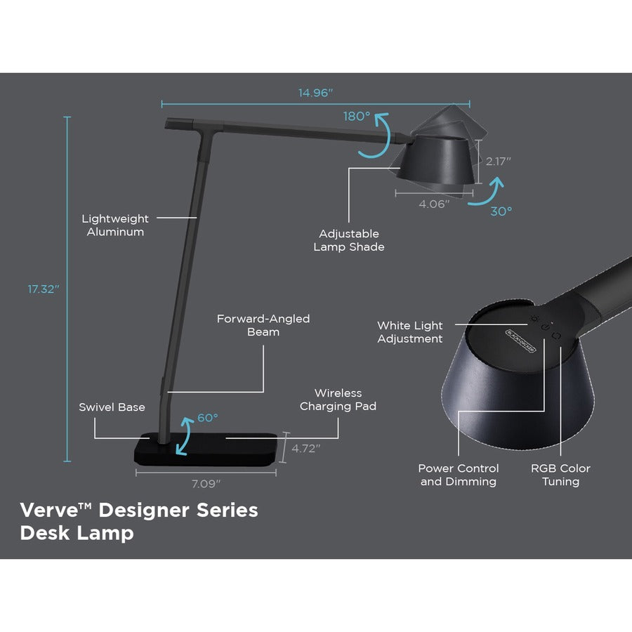 BLACK+DECKER Verve Adjustable LED Desk Lamp - LED Bulb - Adjustable, Dimmable, Adjustable Brightness, Clock, Durable, Wireless Charging, Swivel Base, Color Changing Mode - Aluminum - Desk Mountable - Black - for Desk - Alexa Supported