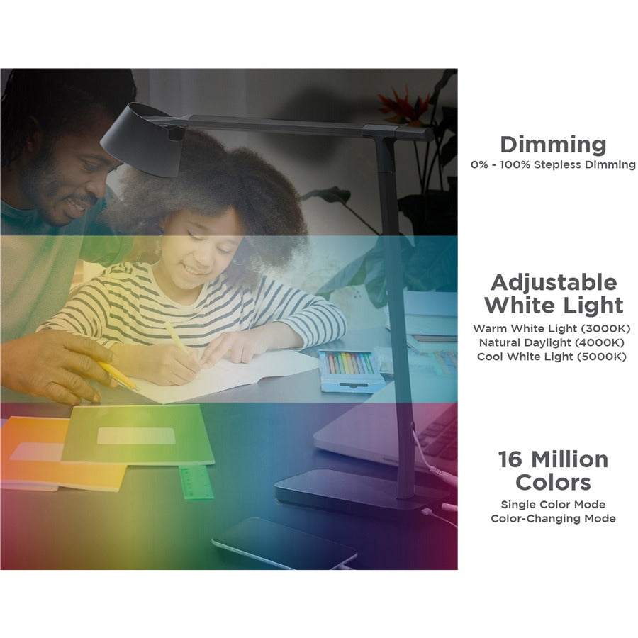 BLACK+DECKER Verve Adjustable LED Desk Lamp - LED Bulb - Adjustable, Dimmable, Adjustable Brightness, Clock, Durable, Wireless Charging, Swivel Base, Color Changing Mode - Aluminum - Desk Mountable - Black - for Desk - Alexa Supported