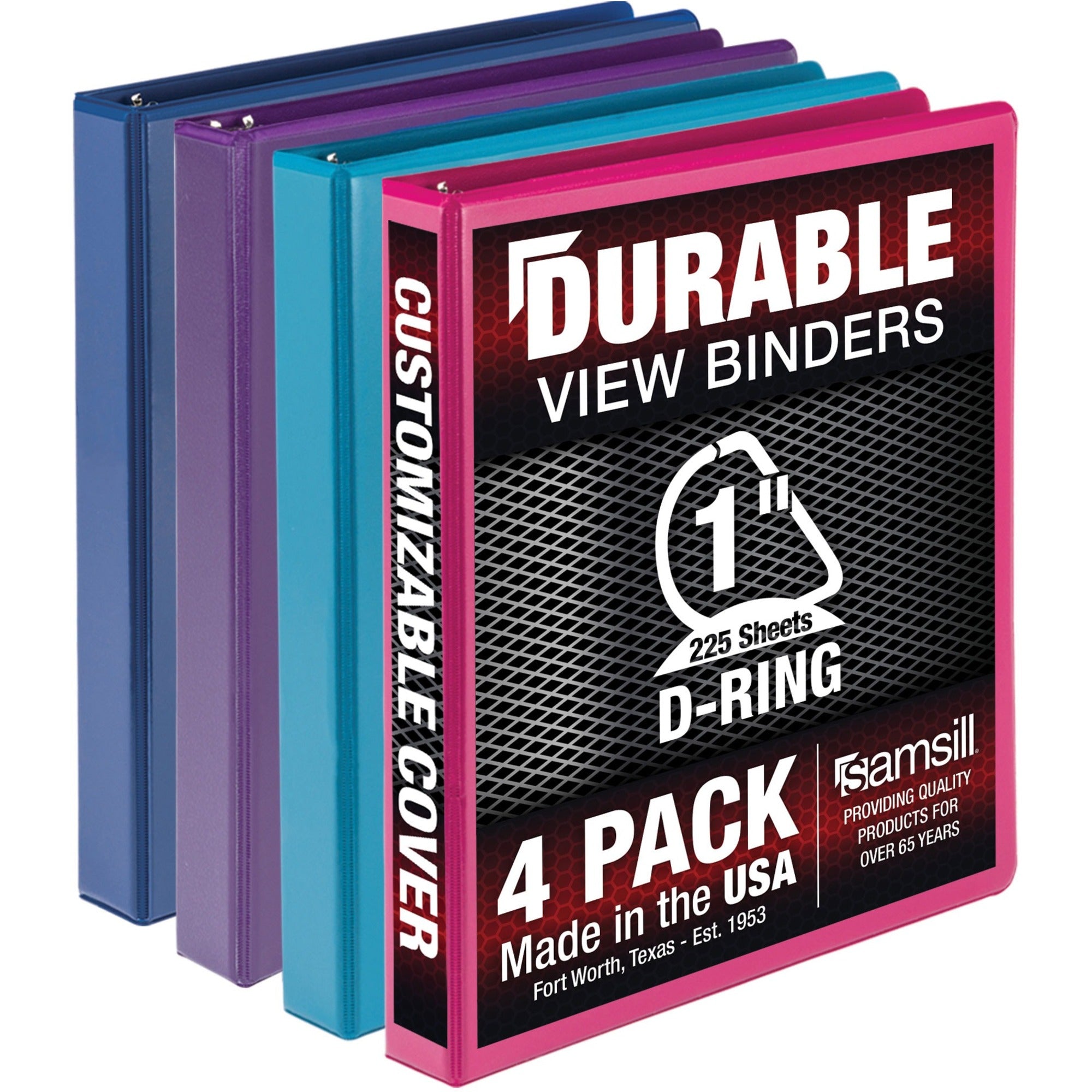 Samsill Durable View Binders, 1" D-Ring, Letter Size, 225 Sheet Capacity, 2 Internal Pockets, Assorted Colors, 4 Pack