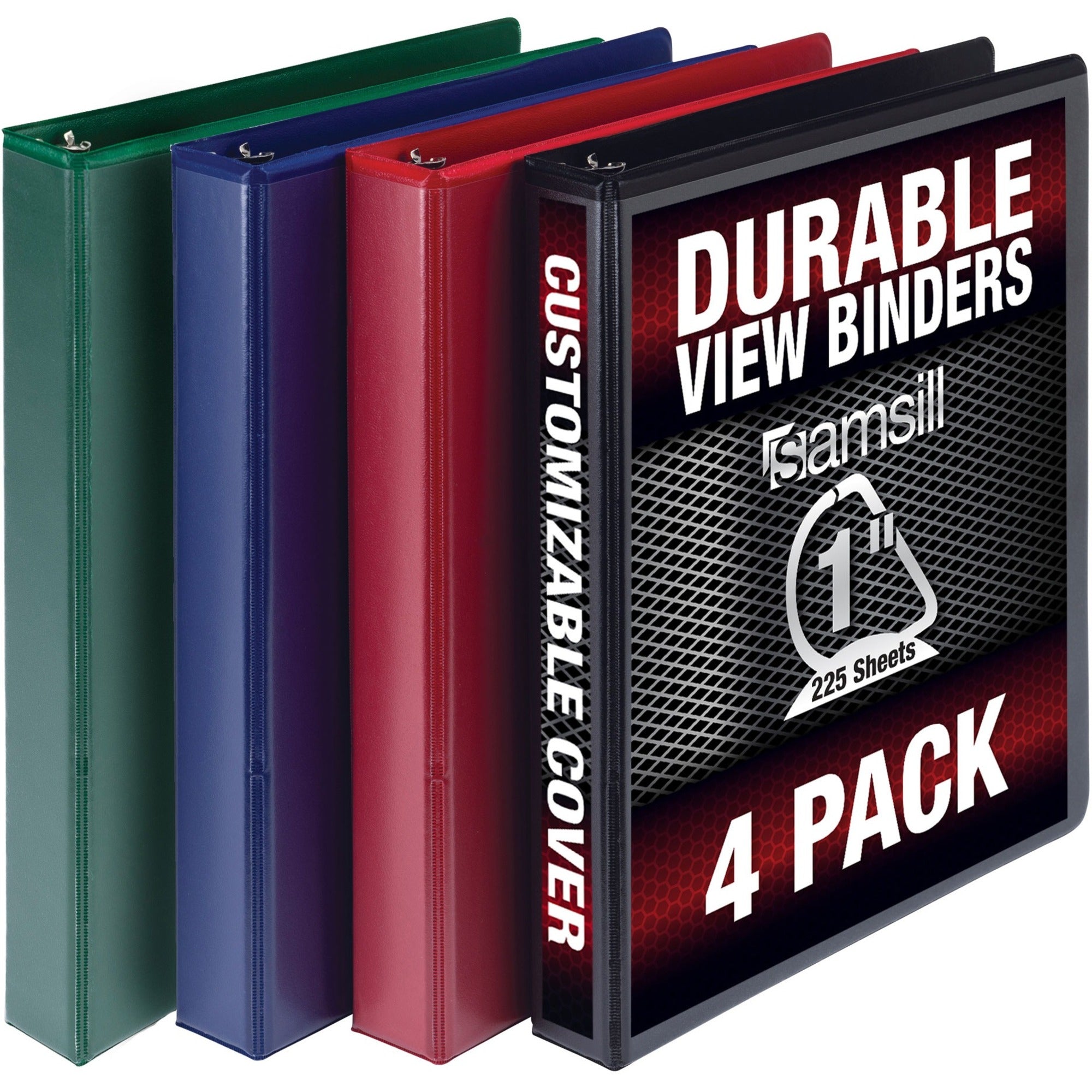 Samsill Durable View Binders, 1" D-Ring, Letter Size, 225 Sheet Capacity, 2 Internal Pockets, Polypropylene/Chipboard, Black/Blue/Red/Green, 4 Pack