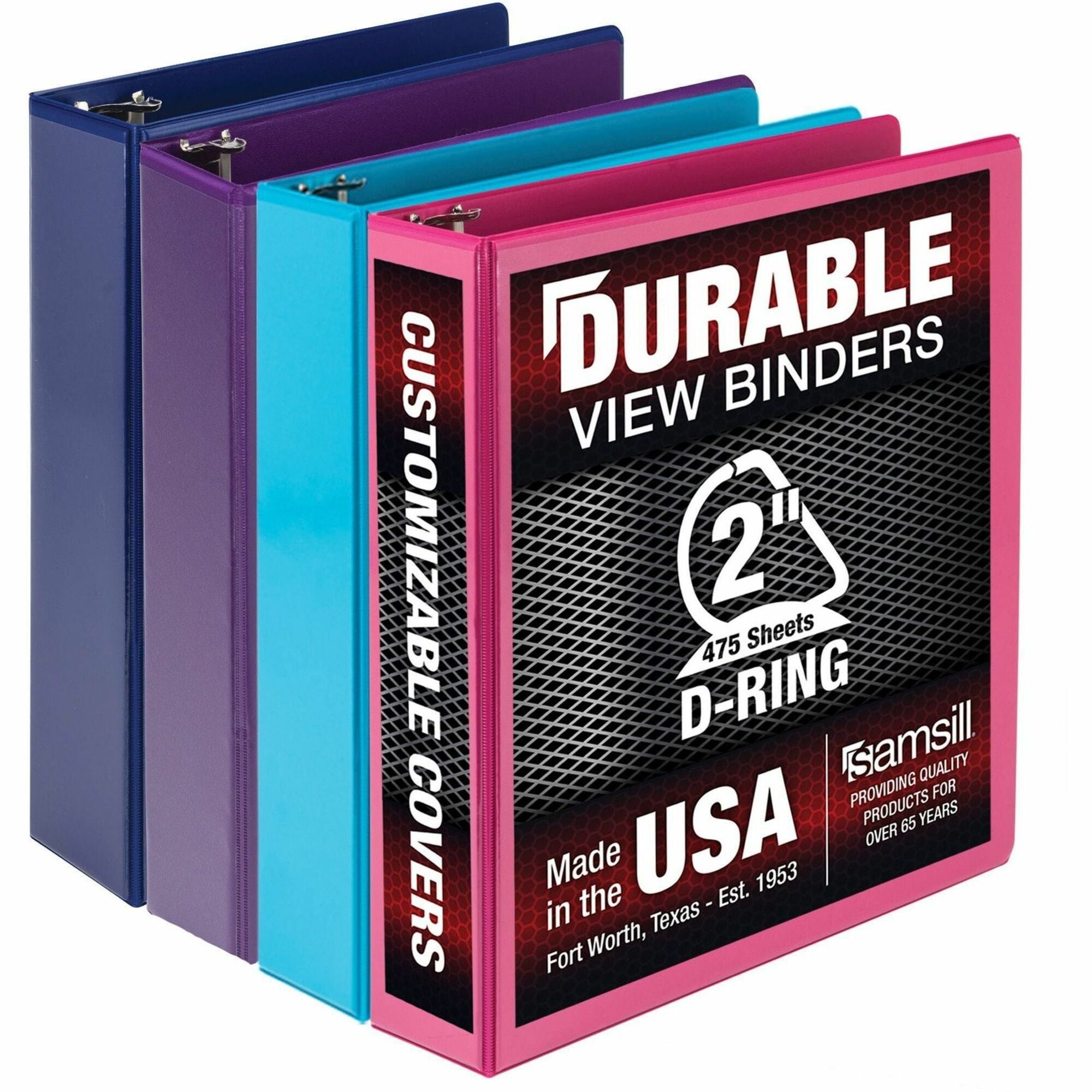 Samsill Durable View Binders, 2" D-Ring, Letter Size, 475 Sheet Capacity, Assorted Colors, 2 Internal Pockets, Polypropylene/Chipboard, 4 Pack