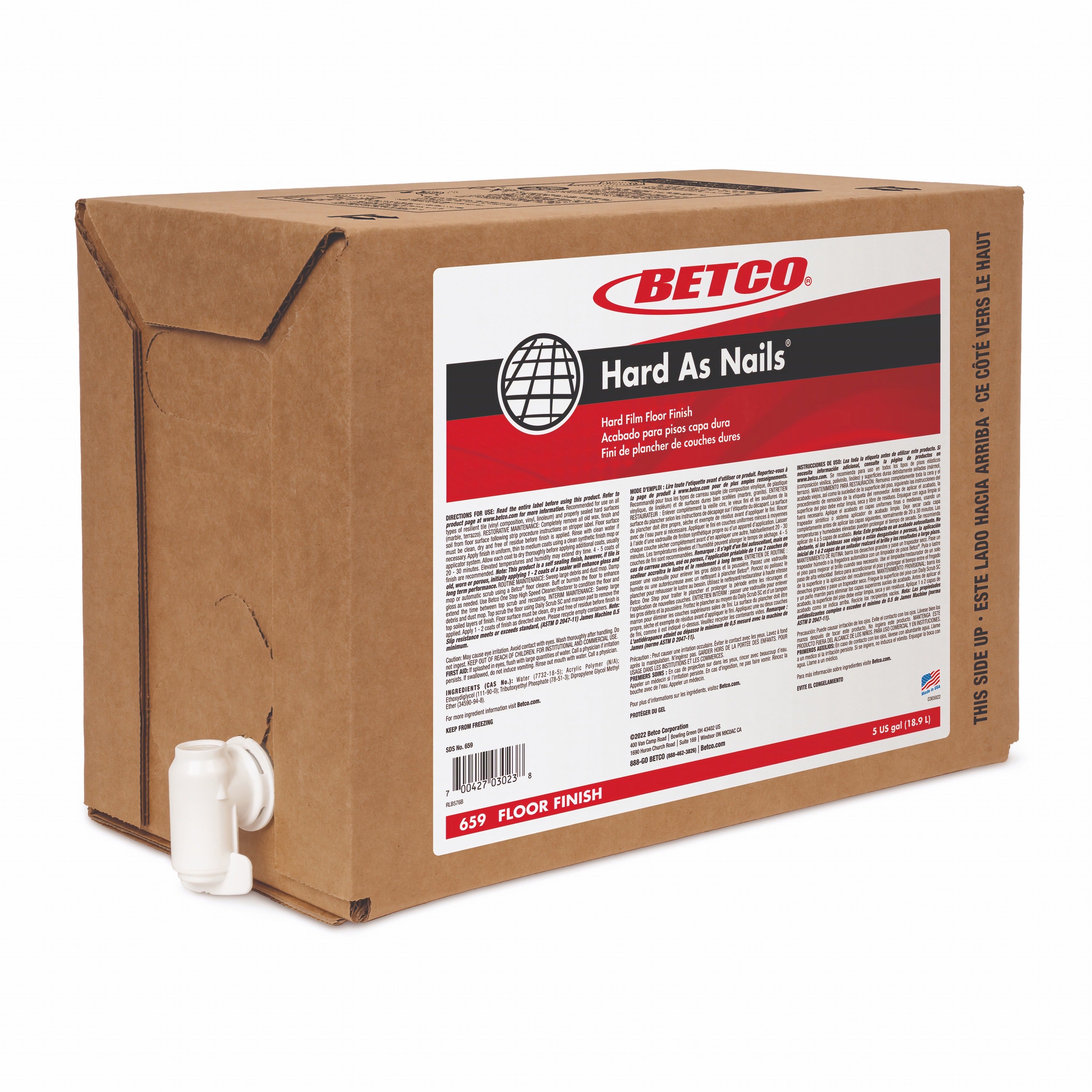 Betco Hard As Nails Floor Finish - 640 fl oz (20 quart) - Mild Scent - Self-Leveling, Self-sealing, Durable, Dirt Resistant, Non-scuffing, Styrene-free, Marking Resistant, Powder Resistant, Non-scratching, Long Lasting - White - 1 Each