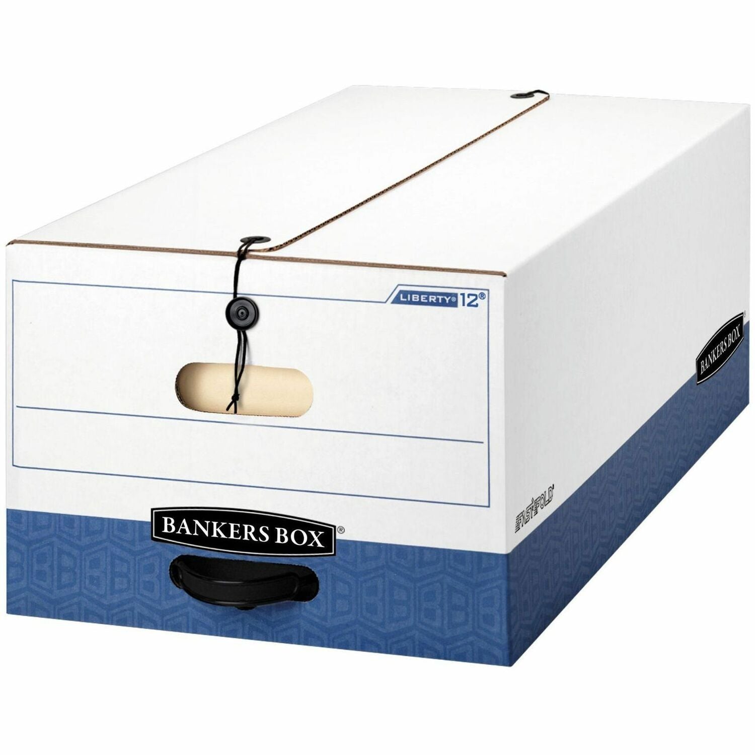 Bankers Box Liberty File Storage Boxes, Legal Size, Heavy Duty, String/Button Tie Closure, Stackable, Reinforced Handles, White/Blue, Fiberboard/Plastic, 12 Boxes per Carton