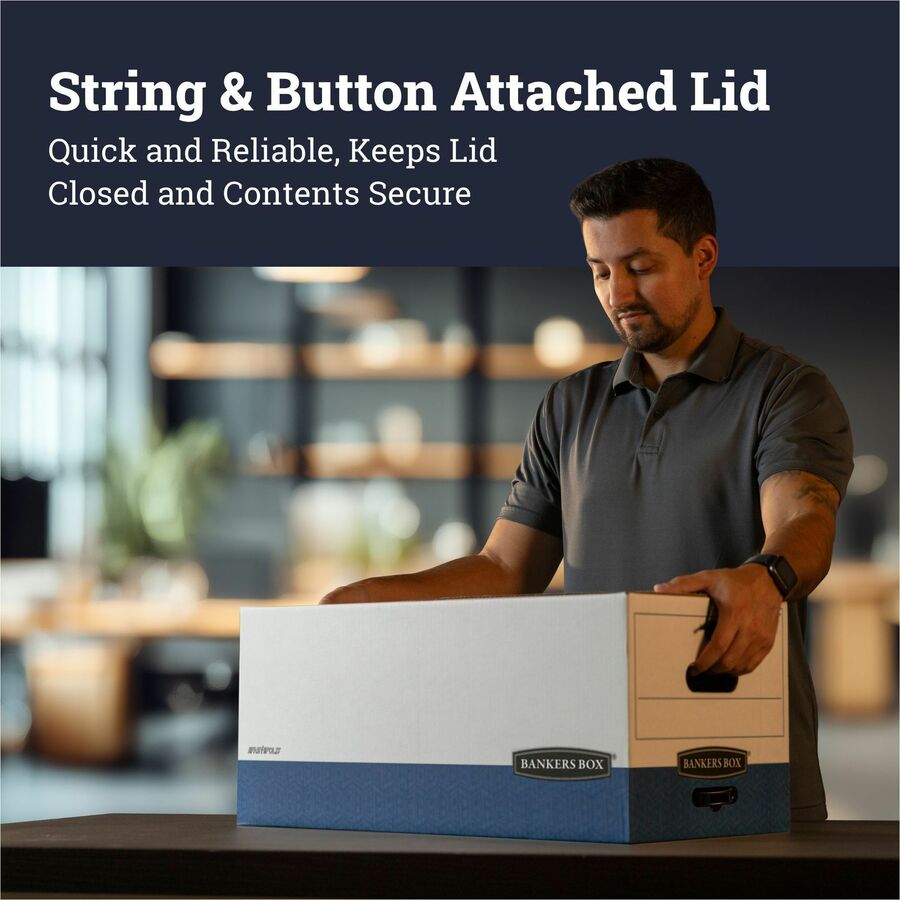 Bankers Box Liberty File Storage Boxes, Legal Size, Heavy Duty, String/Button Tie Closure, Stackable, Reinforced Handles, White/Blue, Fiberboard/Plastic, 12 Boxes per Carton