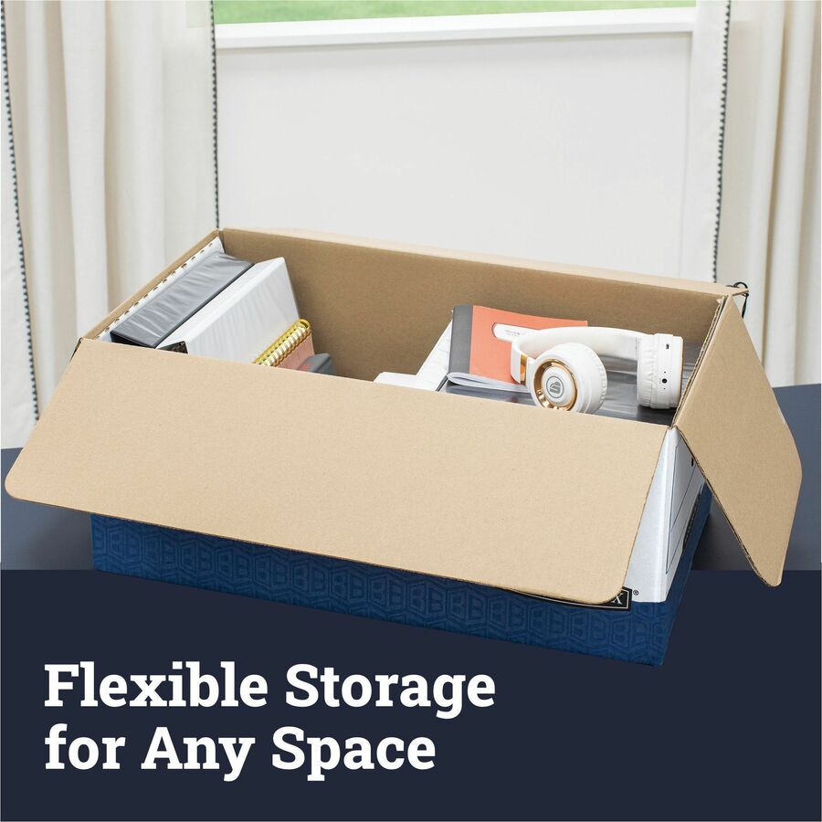 Bankers Box Liberty File Storage Boxes, Legal Size, Heavy Duty, String/Button Tie Closure, Stackable, Reinforced Handles, White/Blue, Fiberboard/Plastic, 12 Boxes per Carton