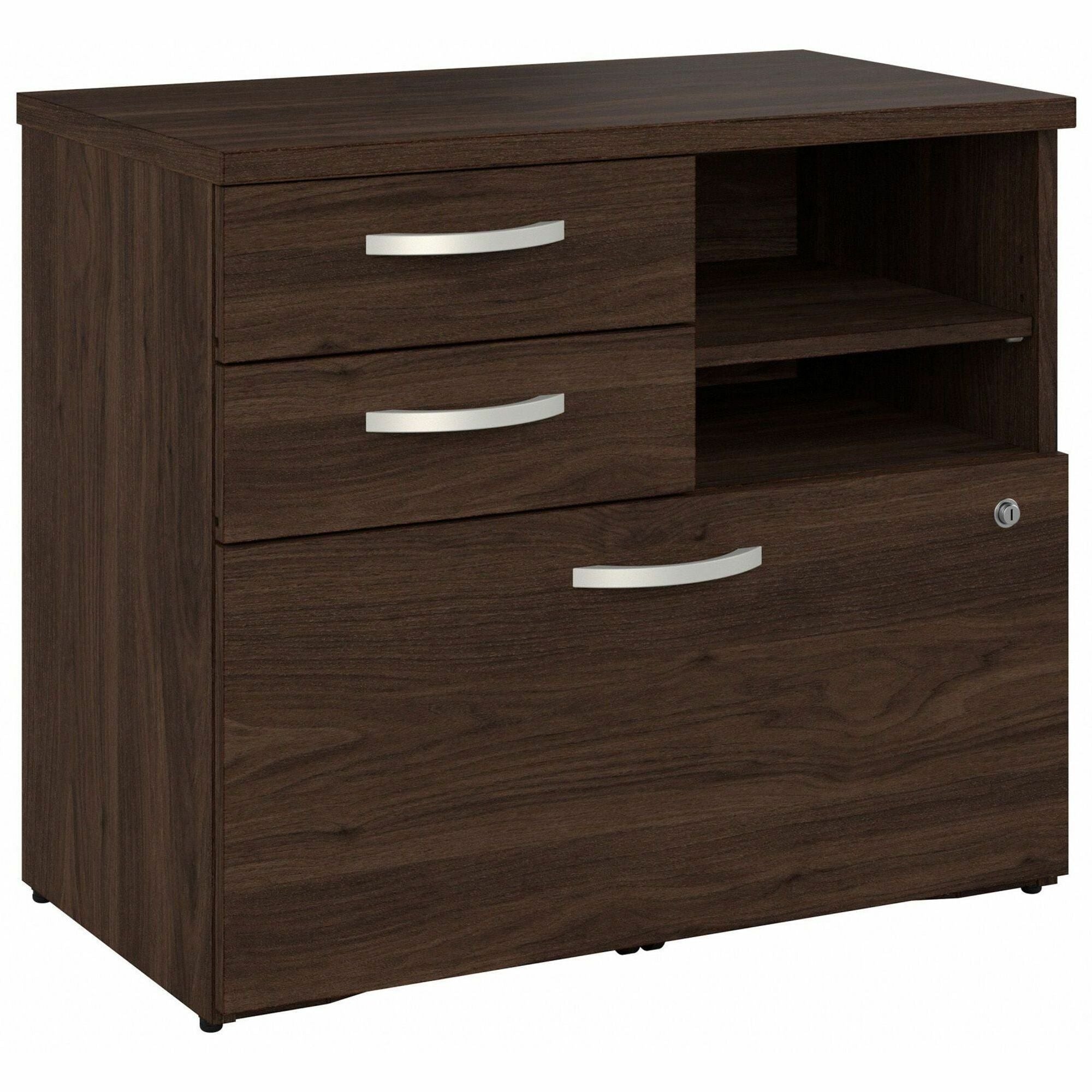 Bush Business Furniture Hybrid Office Storage Cabinet with 3 Drawers and Shelves, Black Walnut Finish, 26" H x 30" W, 1 Each
