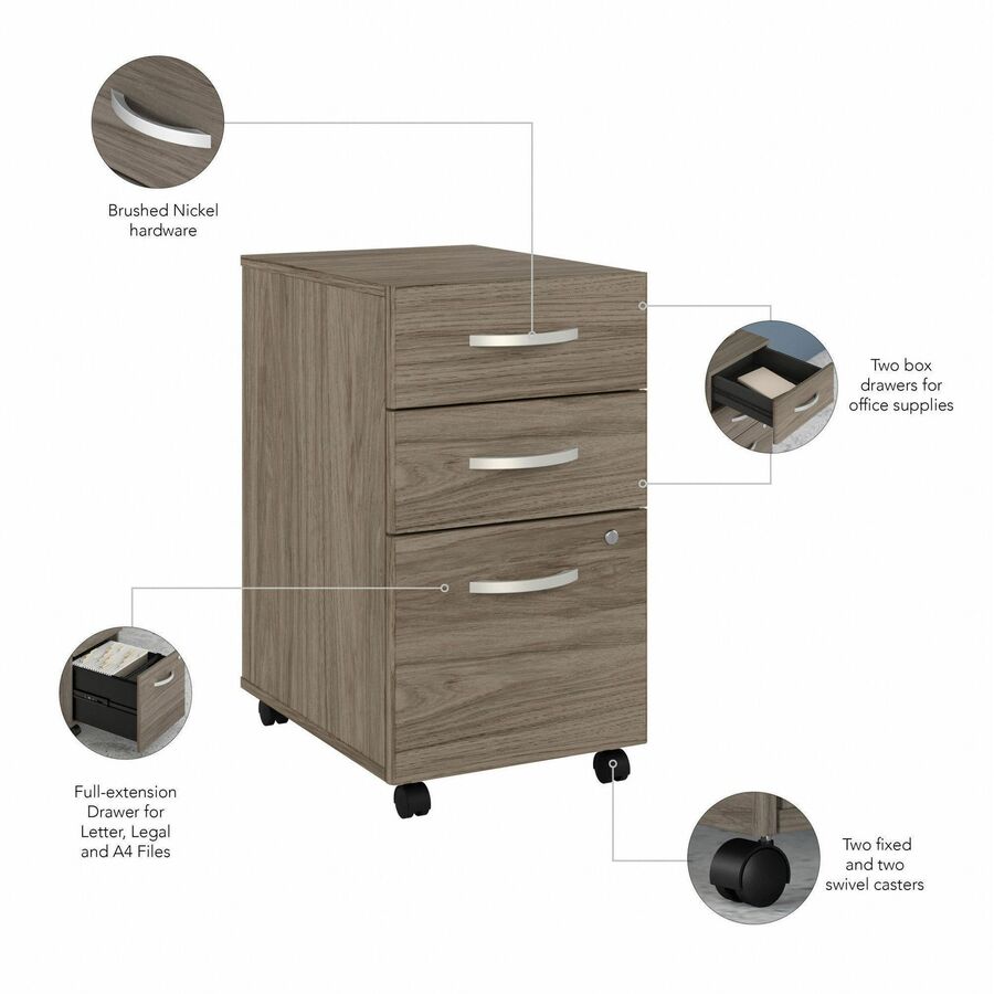 Bush Business Furniture Studio C U Shaped Desk Set, 72"W x 36"D Front Desk, 72"W x 24"D Credenza, 42"D Return, 72"W Hutch, 3-Drawer Mobile File Cabinet, Modern Hickory, 1 Each