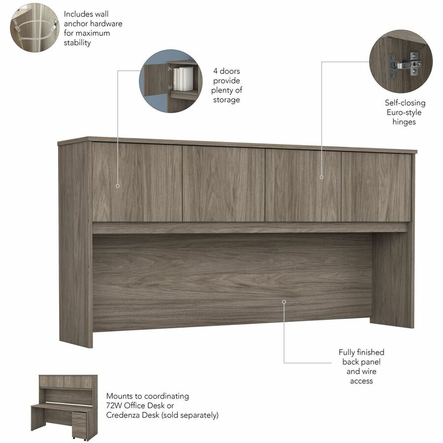 Bush Business Furniture Studio C U Shaped Desk Set, 72"W x 36"D Front Desk, 72"W x 24"D Credenza, 42"D Return, 72"W Hutch, 3-Drawer Mobile File Cabinet, Modern Hickory, 1 Each