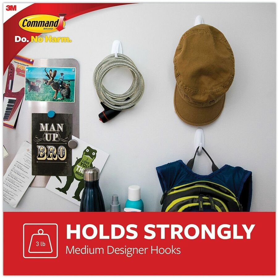 6 Hooks - 3 lb (1.36 kg) Capacity - Reusable - Adhesive - Medium - for Painted Surface, Wood, Tile, General Purpose - Plastic - White - 6 / Pack
