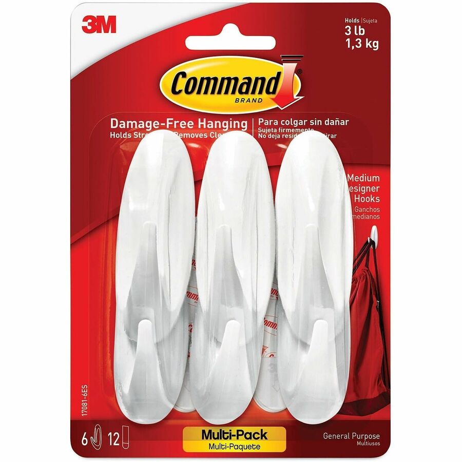 6 Hooks - 3 lb (1.36 kg) Capacity - Reusable - Adhesive - Medium - for Painted Surface, Wood, Tile, General Purpose - Plastic - White - 6 / Pack