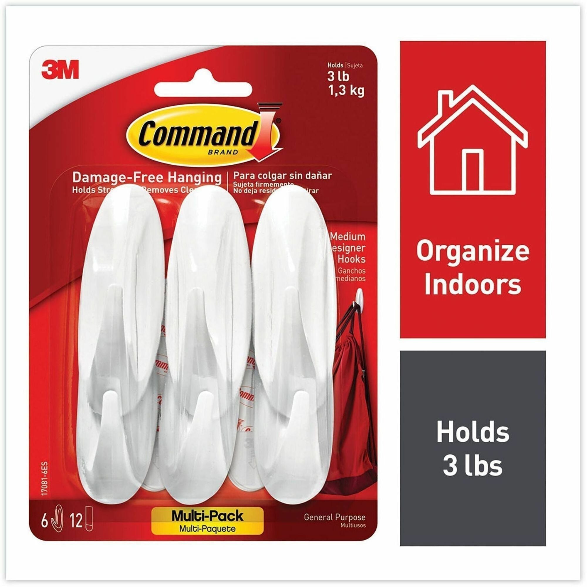 6 Hooks - 3 lb (1.36 kg) Capacity - Reusable - Adhesive - Medium - for Painted Surface, Wood, Tile, General Purpose - Plastic - White - 6 / Pack