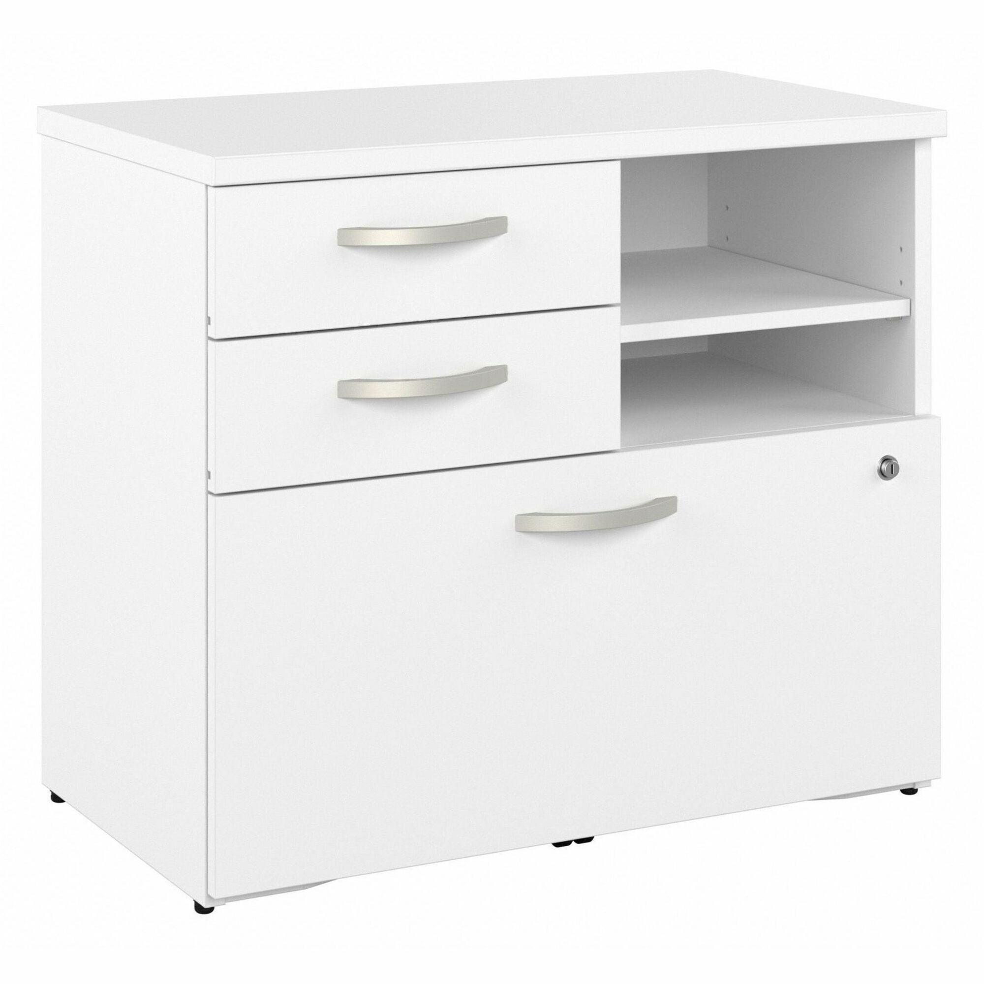 Bush Business Furniture Hybrid Office Storage Cabinet with 3 Drawers and Shelves, 26" H x 30" W, White, 1 Each