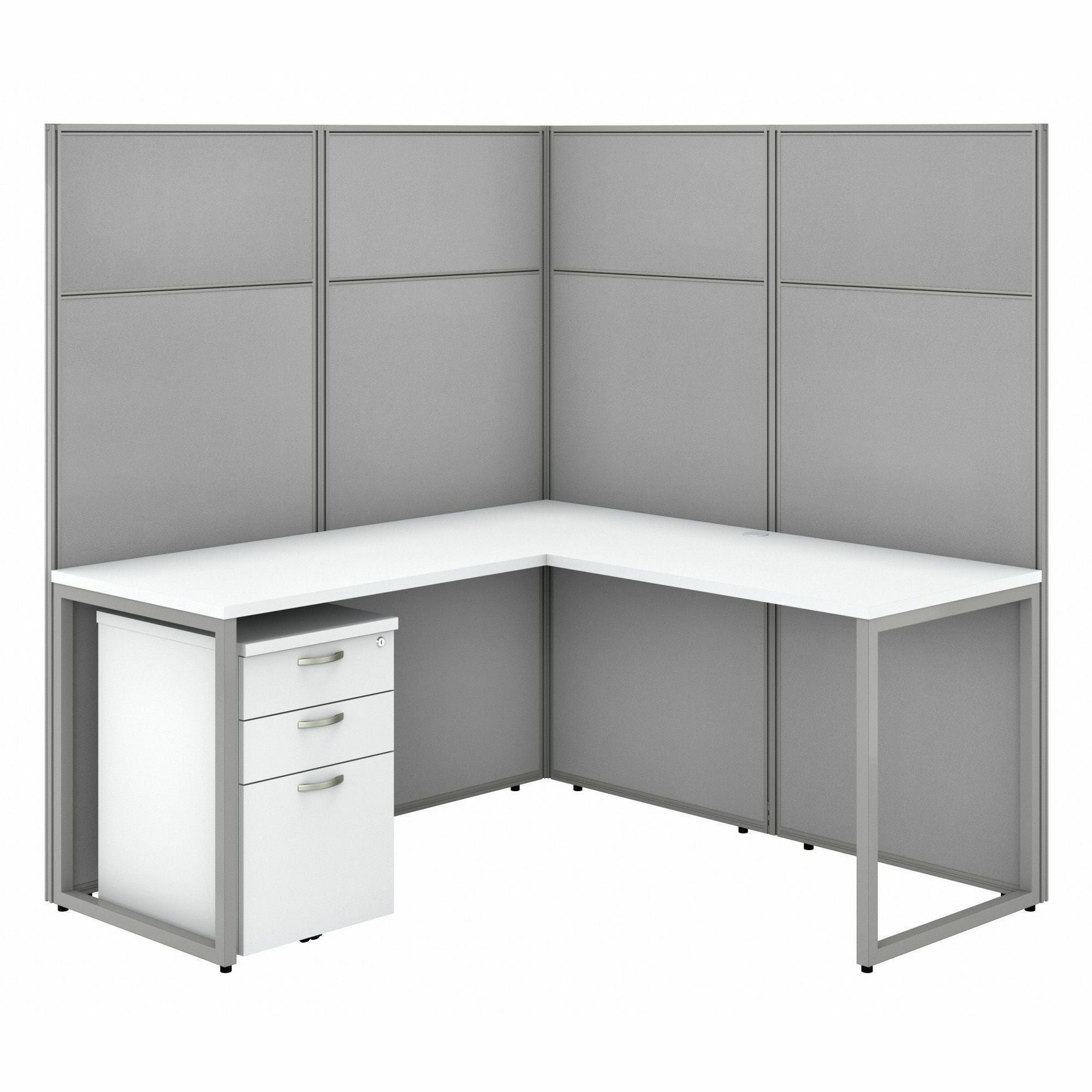 Bush Business Furniture Easy Office 60W L Shaped Cubicle Desk with 3-Drawer File Cabinet and Two 66H Panels, Pure White/Silver Gray, 1 Each