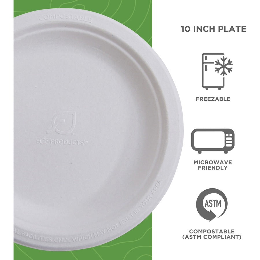 Breakroom - Disposable - Microwave Safe - 10" Diameter - White - Sugarcane Fiber Body - 500 / Carton