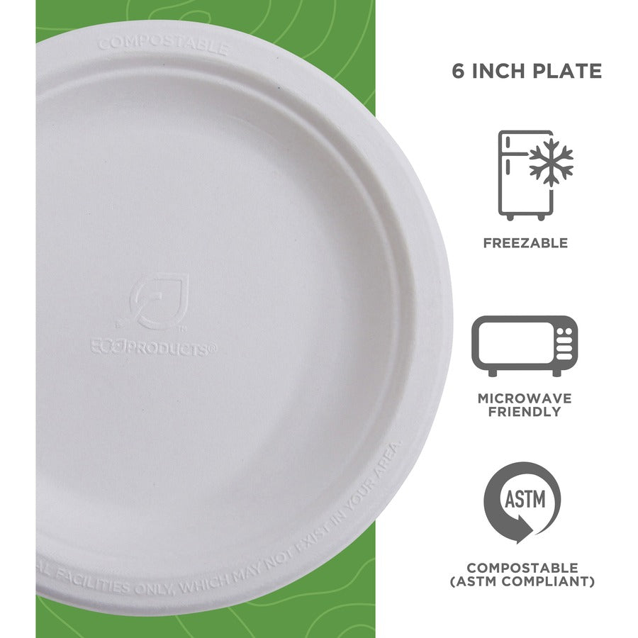 Breakroom - Disposable - Microwave Safe - 6" Diameter - White - Sugarcane Fiber Body - 1000 / Carton