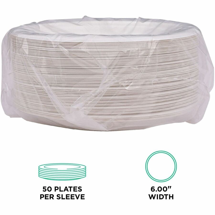 Breakroom - Disposable - Microwave Safe - 6" Diameter - White - Sugarcane Fiber Body - 1000 / Carton