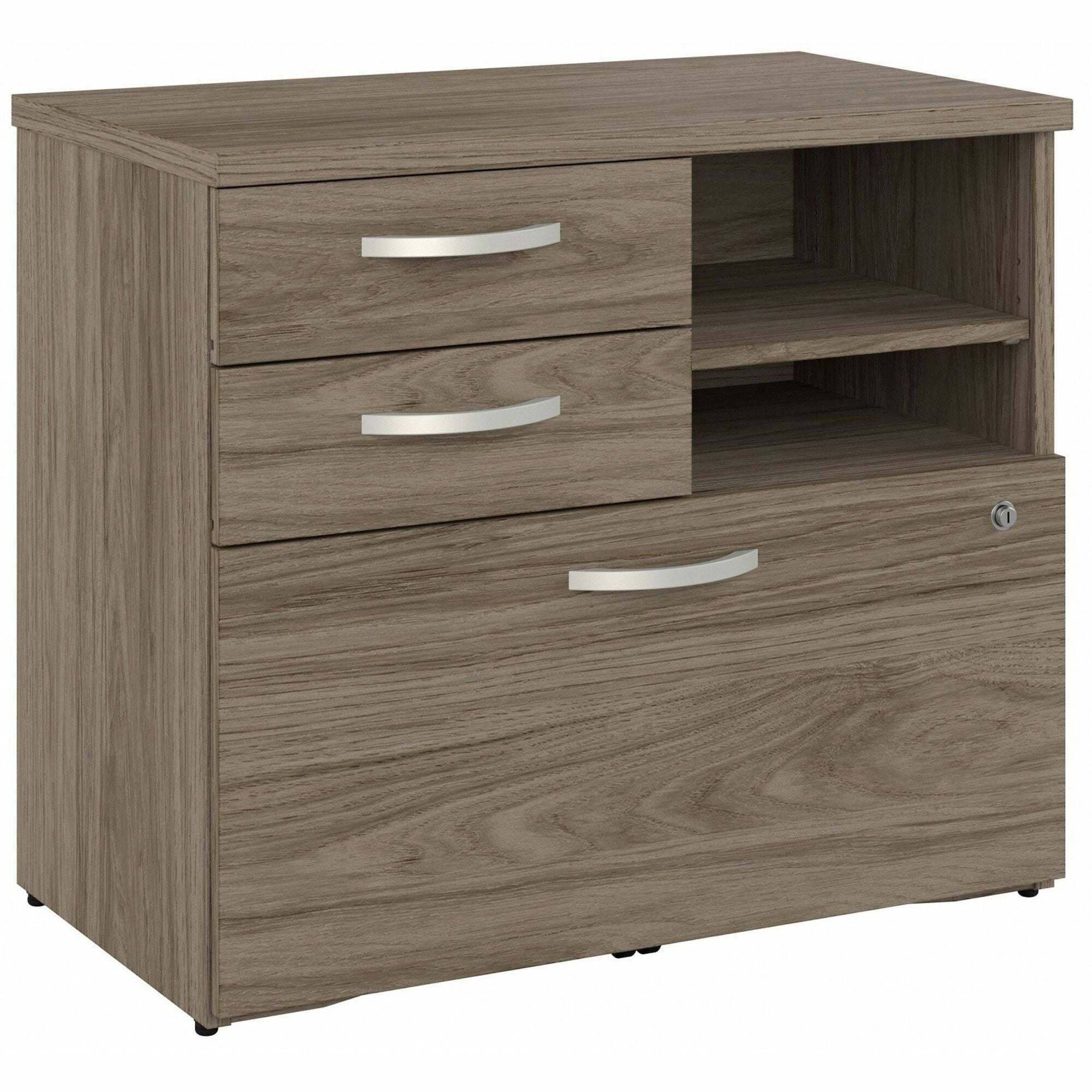 Bush Business Furniture Hybrid Office Storage Cabinet with 3 Drawers and Shelves, Modern Hickory Finish, 26" H x 30" W, 1 Each