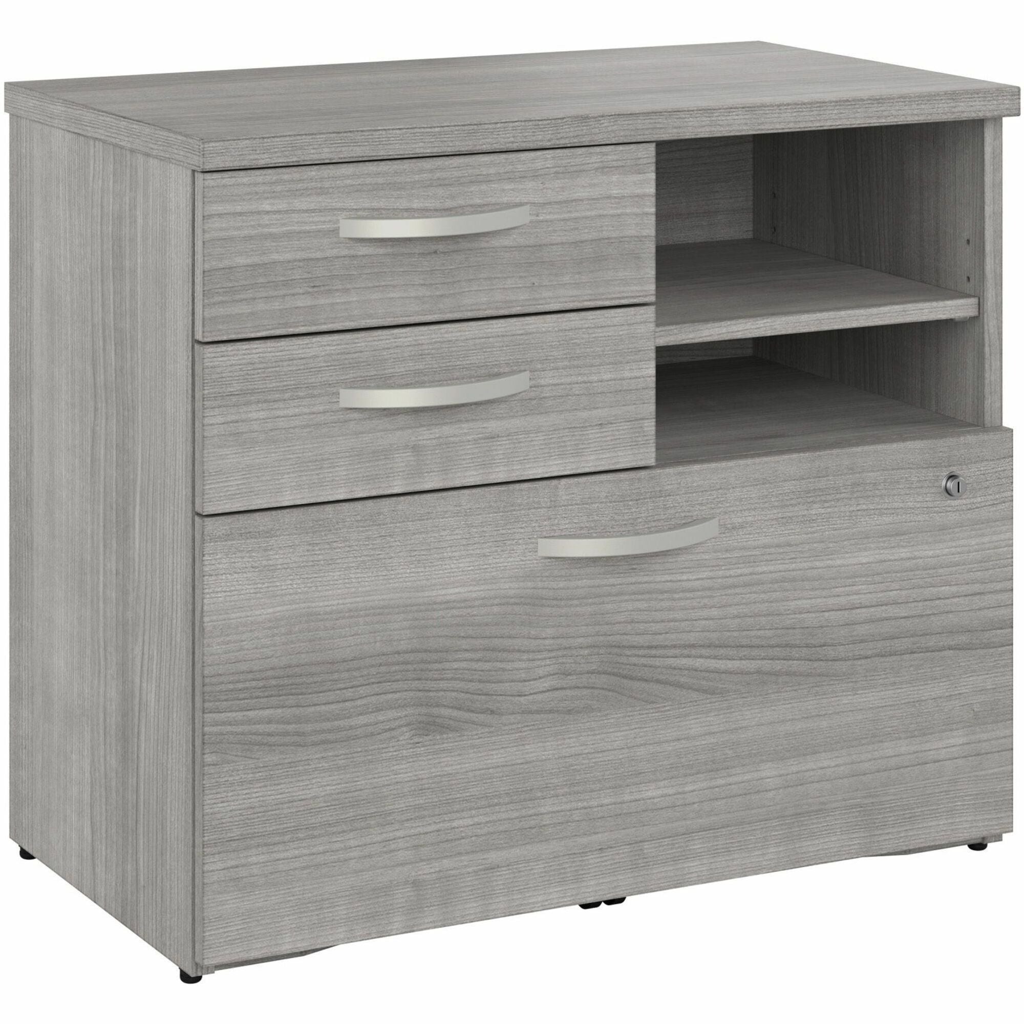 Bush Business Furniture Hybrid Office Storage Cabinet with 3 Drawers and Shelves, Platinum Gray, 26"H x 30"W, 1 Each