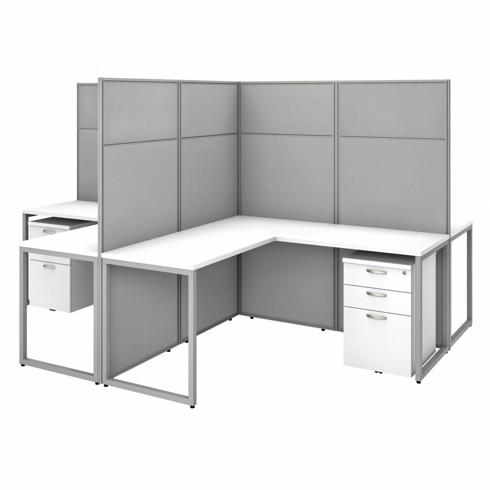 Bush Business Furniture Easy Office 60W 4 Person L Shaped Cubicle Desk Set with 12 Drawers, 4 Desks, 4 Returns, 4 66H Panels, 4 Mobile File Cabinets, Pure White/Silver Gray, Scratch & Stain Resistant