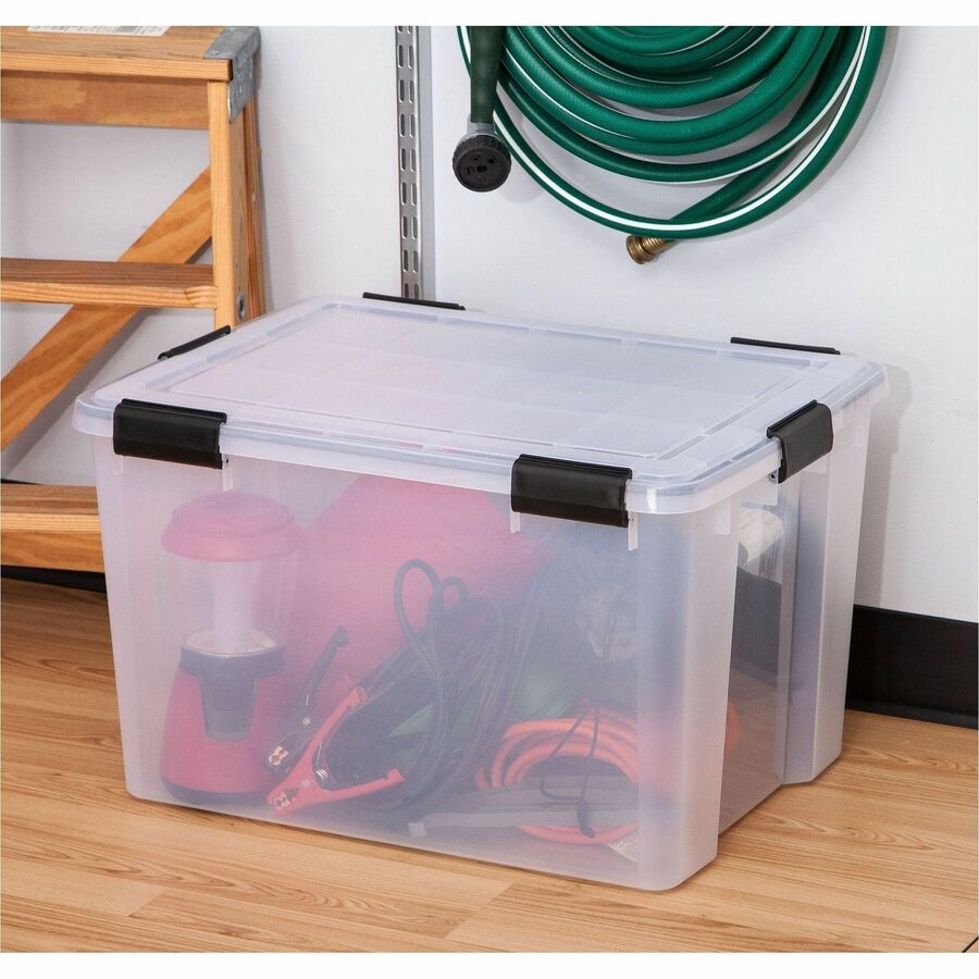 IRIS WeatherTight Heavy-duty Storage Tote, 18.5 Gallon, 23.6" x 17.8" x 14.5", Lid with Buckle Latch, Stackable, Plastic, Black/Clear, 1 Each